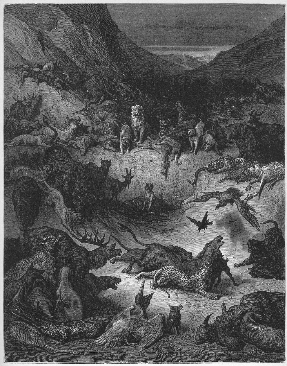 A pestisben megbetegedett állatok – Jean de La Fontaine (Lafontaine) (1621-95) meséiből – Gustave Dore (1832-83) utáni metszet – Magángyűjtemény alkotó: Gustave (after) Dore