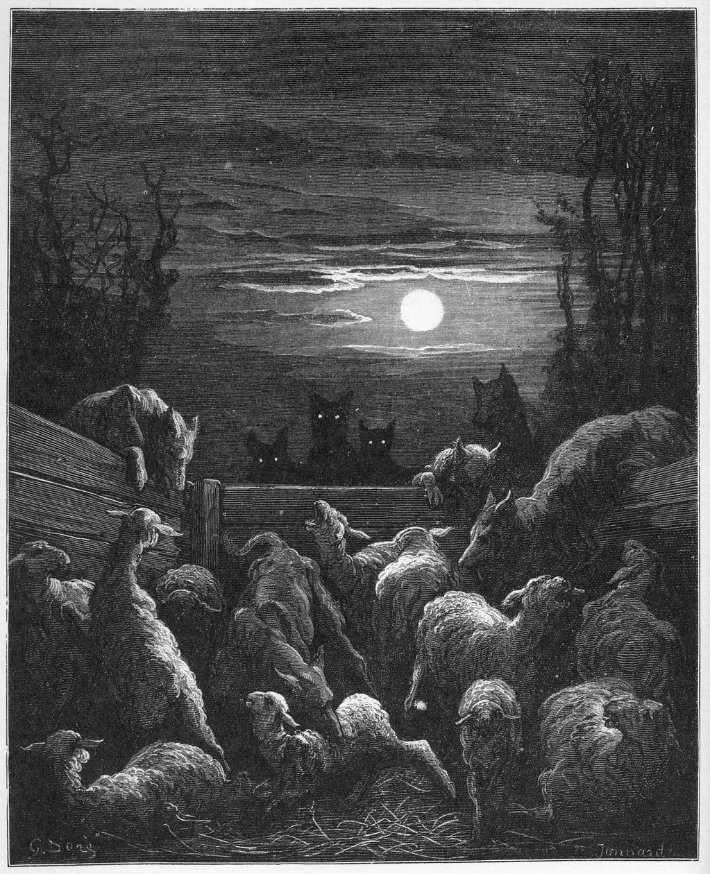 Farkasok és ebisz - Jean de La Fontaine (Lafontaine) „Fables”-jából (1621-95) - Gustave Dore (1832-83) nyomán metszett - Magángyűjtemény alkotó: Gustave (after) Dore
