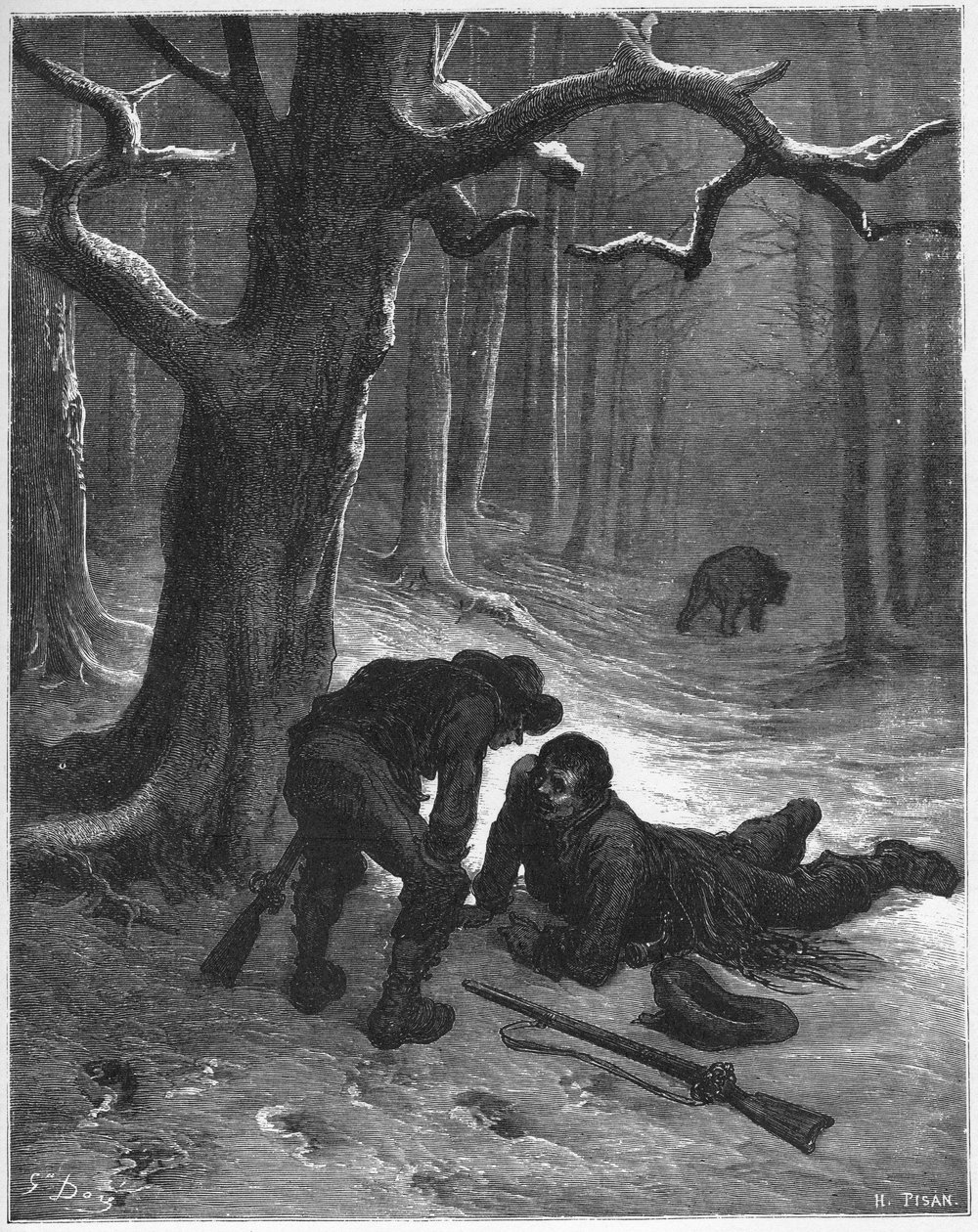 A medve és a két kísérő - A medve és az utazók - Jean de La Fontaine (Lafontaine) „Fables”-jából (1621-95) - gravírozás Gustave Dore (1832-83) nyomán - Magángyűjtemény alkotó: Gustave (after) Dore