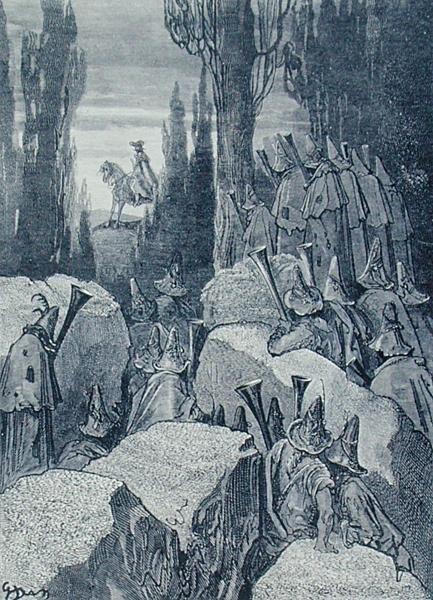Munchausen a brigandok között, Rudolph Erich Raspe "Münchausen báró kalandjai" című művéből, Stephane Pannemaker (1847-1930) metszete c. 1868 (metszet) alkotó: Gustave (after) Dore