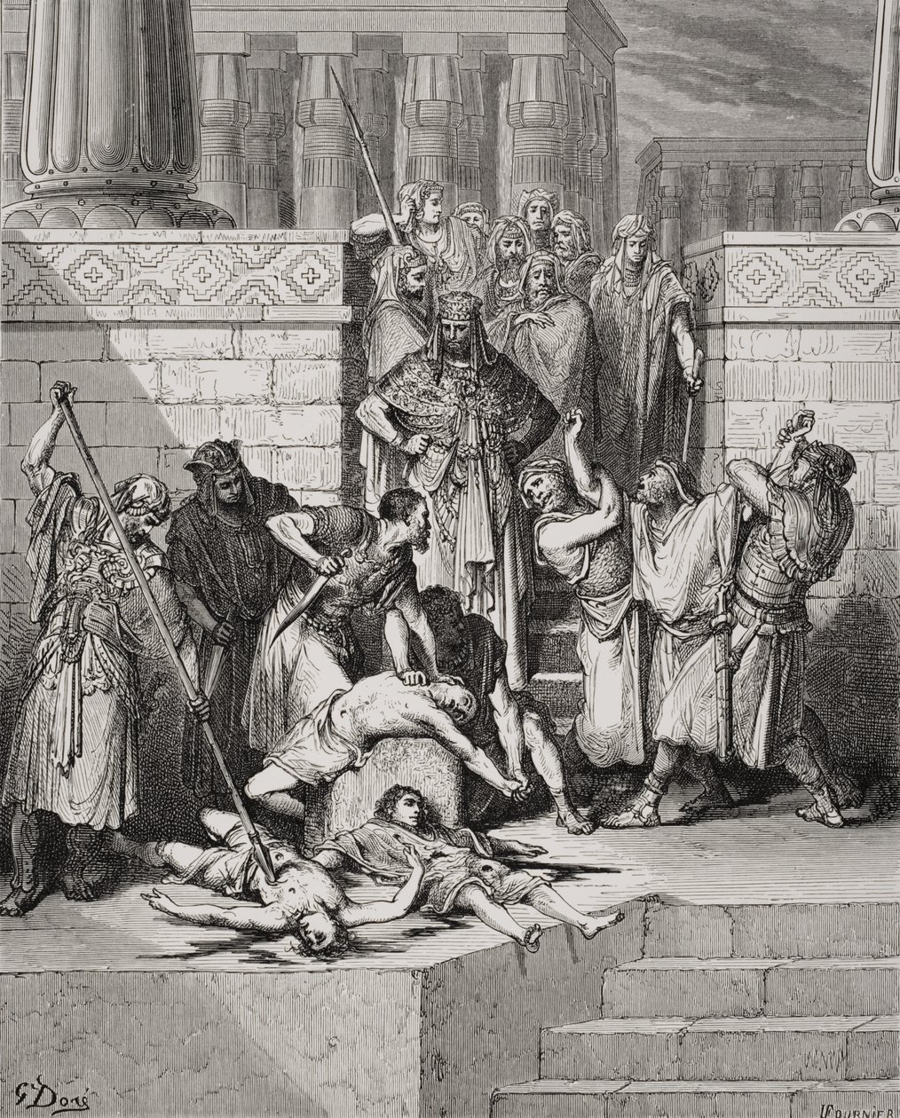 Sedékiás fiainak lemészárlása atyjuk előtt, II Királyok 25:7, illusztráció Dore "A Szent Biblia" című művéből, Fournier metszete. alkotó: Gustave (after) Dore