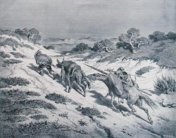 A megvert lovag és lovagja, Miguel Cervantes (1547-1616) "Don Quijote de la Mancha" című művéből, Heliodore Joseph Pisan (1822-90) metszetében, 1868 körül (metszet) alkotó: Gustave (after) Dore