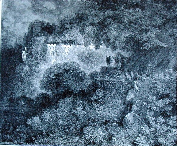 A növényzettel benőtt kastély, Charles Perrault (1628-1703) "Csipkerózsika" című művének illusztrációja (metszet). alkotó: Gustave (after) Dore