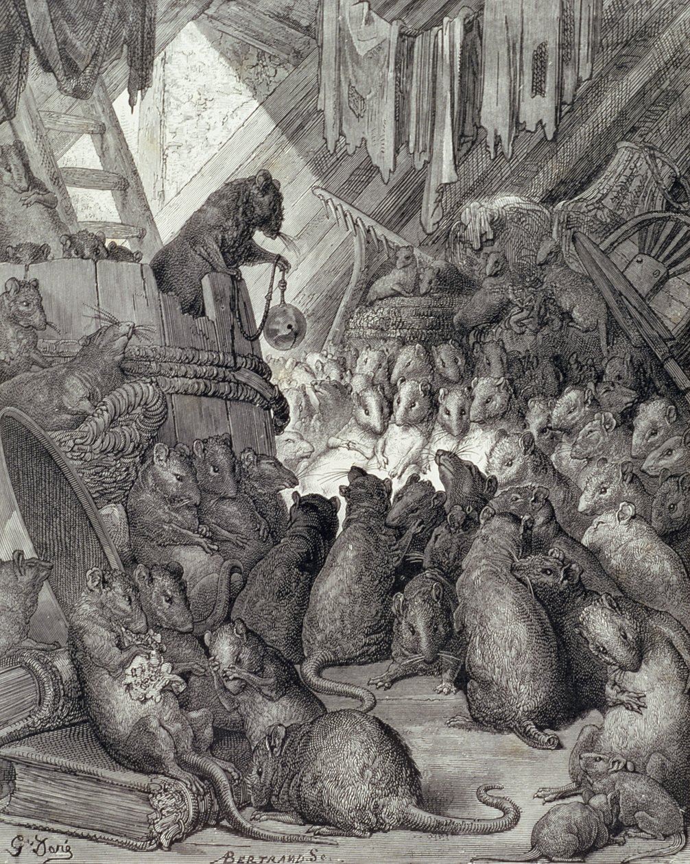 A Patkányok Tanácsa, La Fontaine meséiből, Antoine Valerie Bertrand (sz. 1823) 1868 körül (metszet) alkotó: Gustave (after) Dore