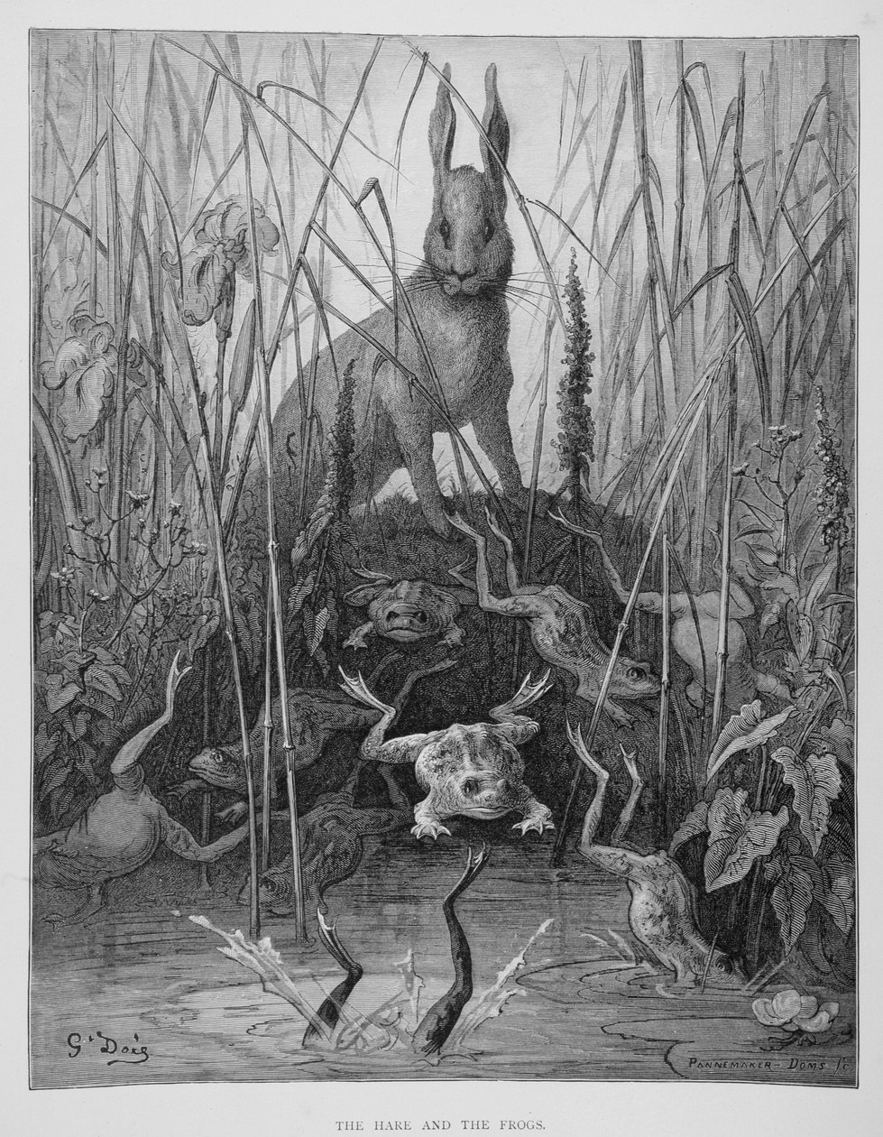 A nyúl és a békák, a La Fontaine meséiből, Stephane Pannemaker (1847-1930) metszete, 1868 körül (metszet) alkotó: Gustave (after) Dore