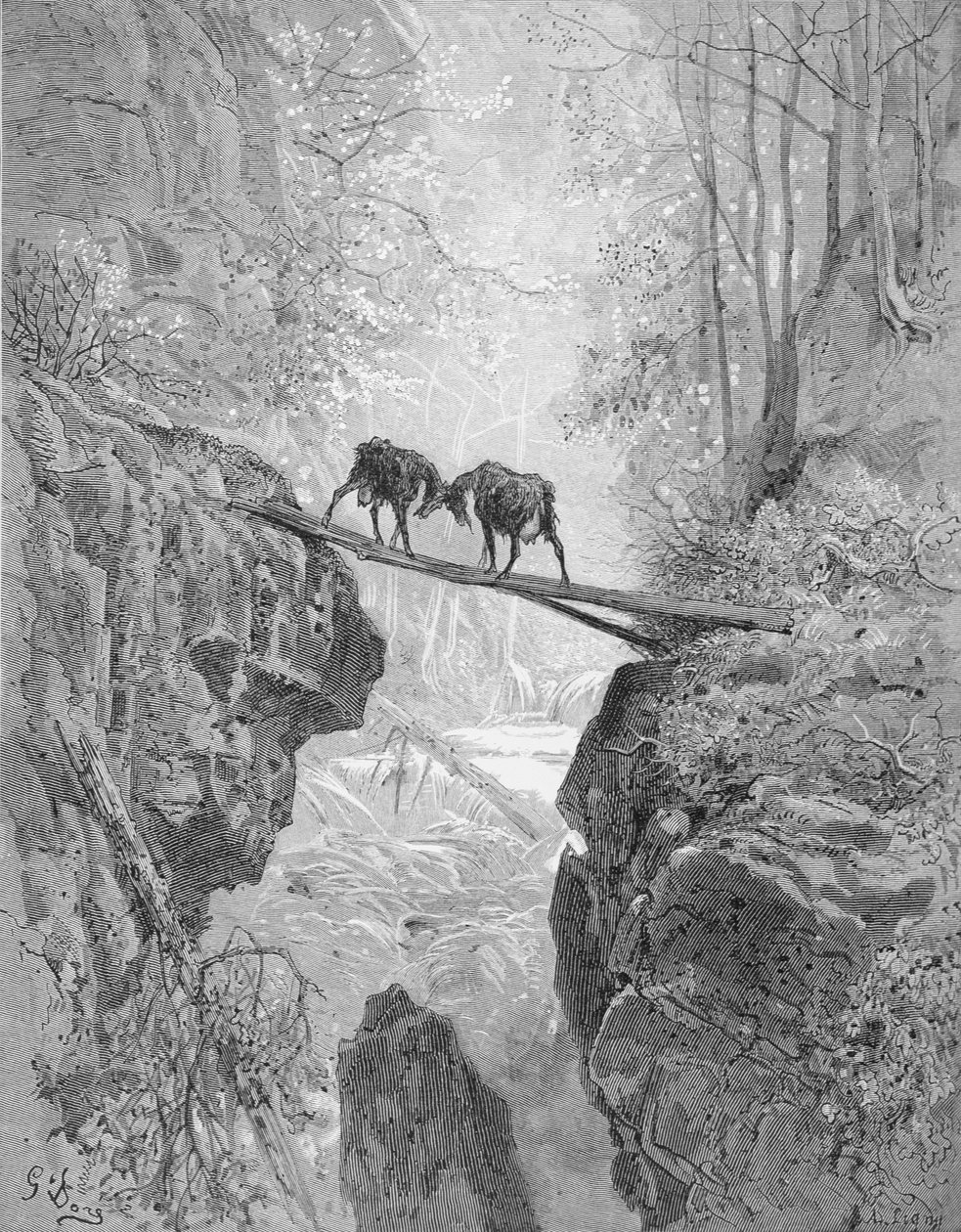 A két kecske, La Fontaine meséiből, A. Ligny metszete, 1868 körül (metszet) alkotó: Gustave (after) Dore