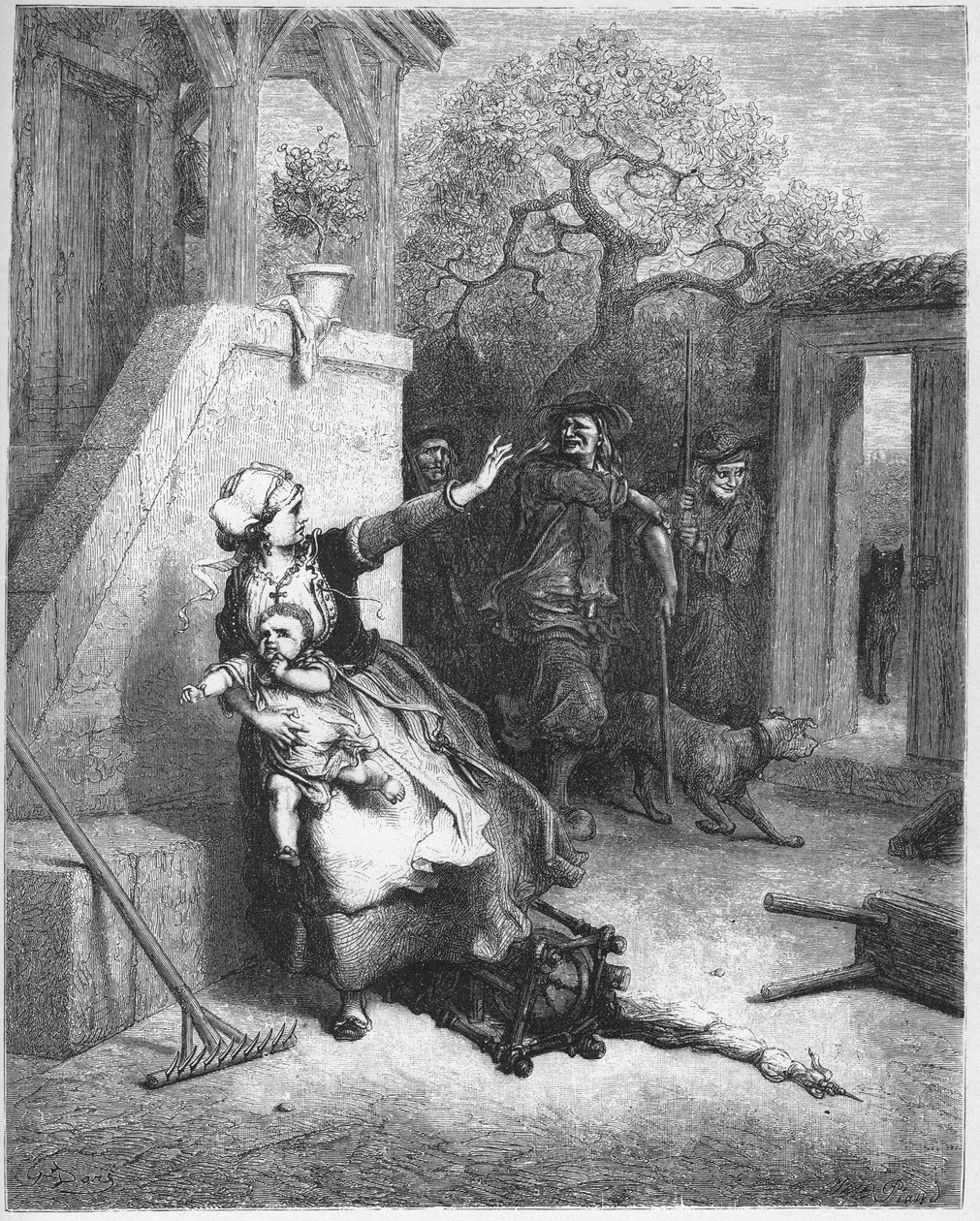 A farkas, az anya és a gyermeke - Jean de La Fontaine (Lafontaine) „Fabuláiból” (1621-95) - metszet Gustave Dore (1832-83) nyomán - Magángyűjtemény alkotó: Gustave (after) Dore