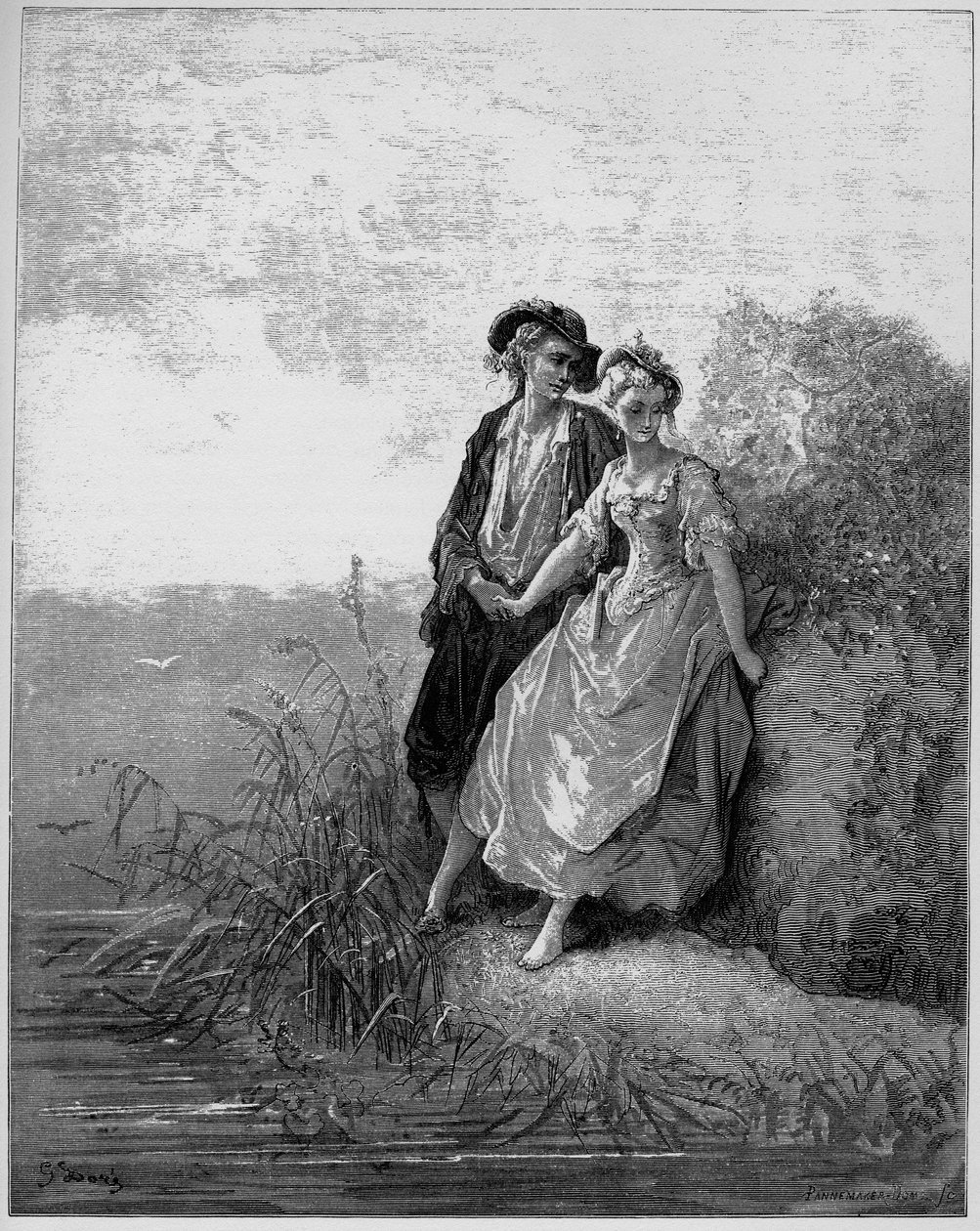 Tircis et Amarante - Tircis és Amaranth - (A pásztor és pásztorlány) - Jean de La Fontaine (Lafontaine) "Fabuláiból" (1621-95) - metszet Gustave Dore (1832-83) után - Magángyűjtemény alkotó: Gustave (after) Dore