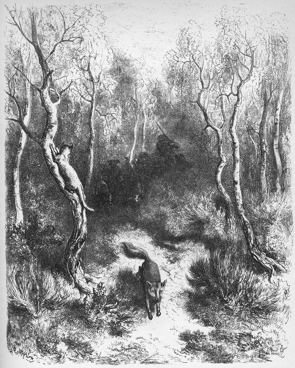 le chat et le fox - A róka és a macska - Jean de La Fontaine (Lafontaine) "Fables"-jából (1621-95) - gravírozás Gustave Dore (1832-83) nyomán - Magángyűjtemény alkotó: Gustave (after) Dore