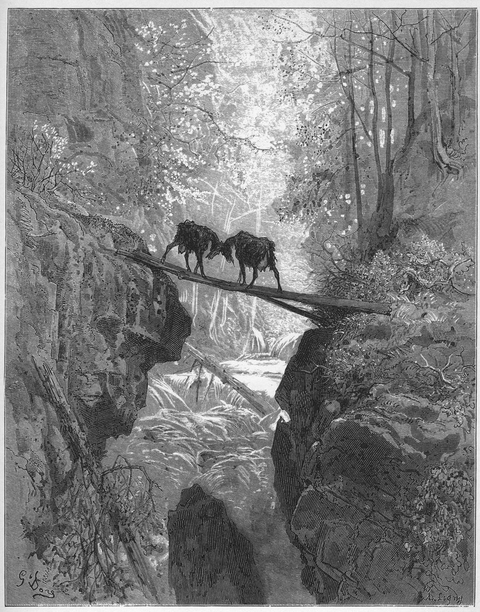 les deux chevres - a két kecske - Jean de La Fontaine (Lafontaine) "Fables"-jából (1621-95) - metszet Gustave Dore (1832-83) nyomán - Magángyűjtemény alkotó: Gustave (after) Dore
