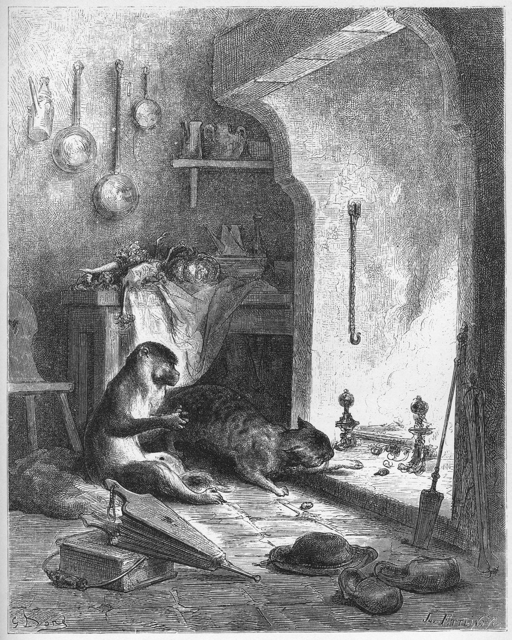 a majom és a macska - Jean de La Fontaine (Lafontaine) (1621-95) meséiből - Gustave Dore (1832-83) utáni metszet - Magángyűjtemény alkotó: Gustave (after) Dore