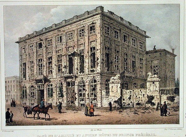A Cafe Amitie és az Old Hotel du Prince Frederic, Brüsszel, az 1830. szeptember 23-26-i harcok után, vésette Jean Baptiste Madou (1796-1877) (színes metszet) alkotó: Gustave Adolphe (after) Simoneau