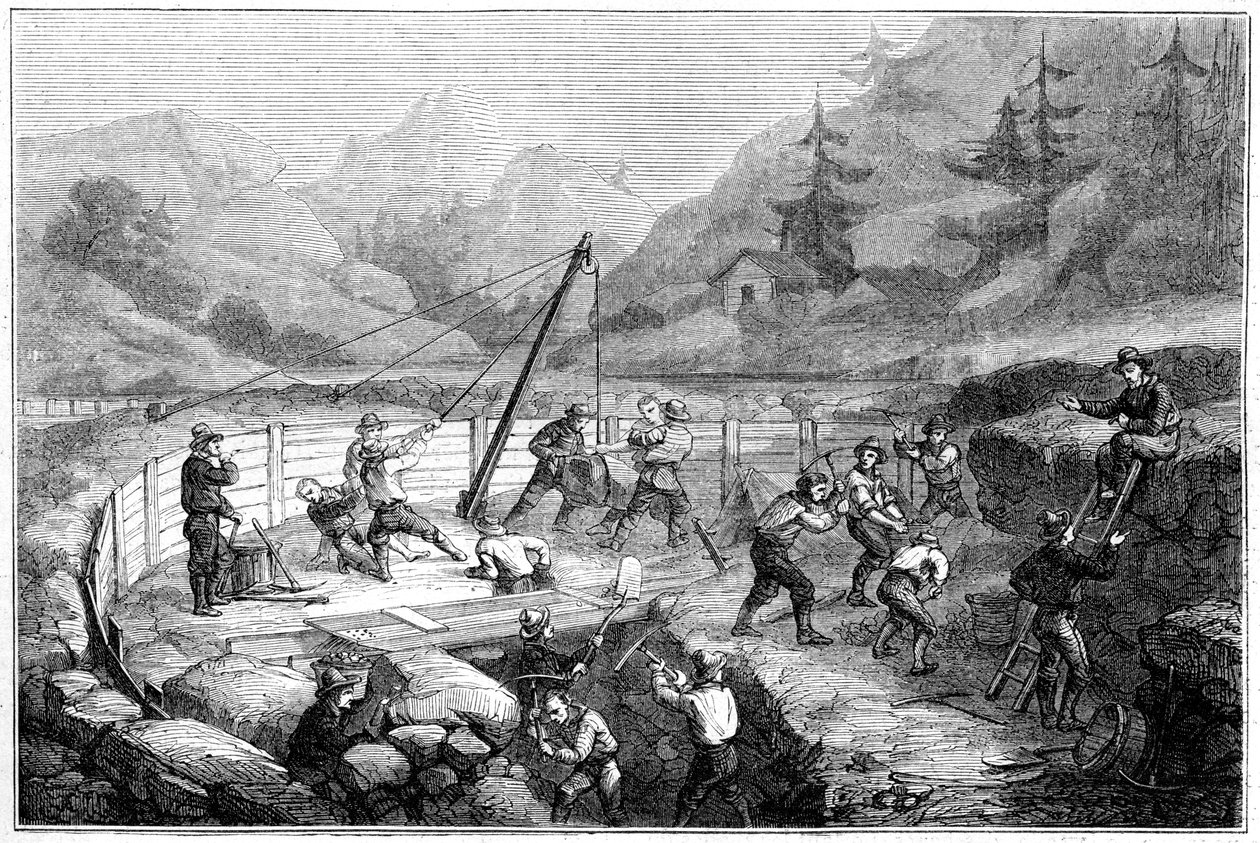 Homok kiásása és mosása egy folyó fenekén, Kalifornia, 19. század. alkotó: Gustave Adolphe Chassevent Bacques