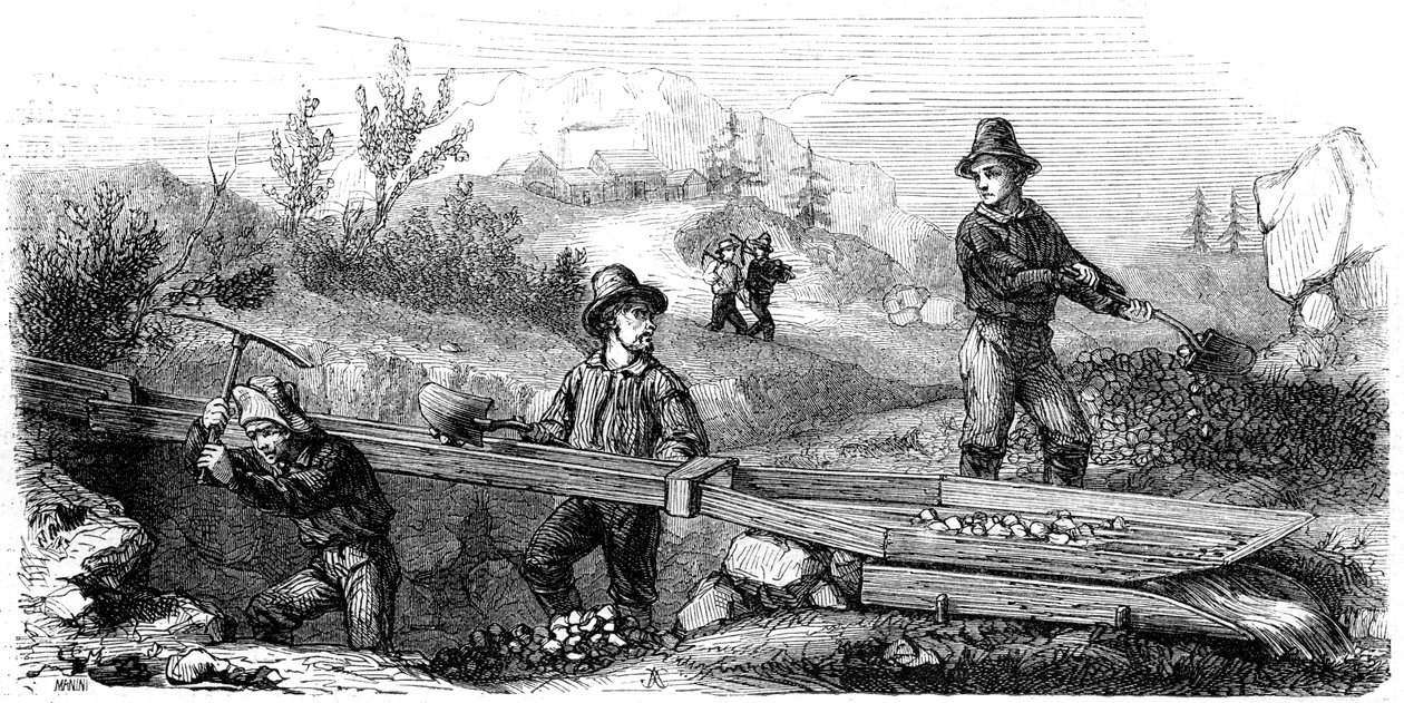Francia bányászok hosszú tomzsilipben dolgoznak, Kalifornia, 19. század. alkotó: Gustave Adolphe Chassevent Bacques