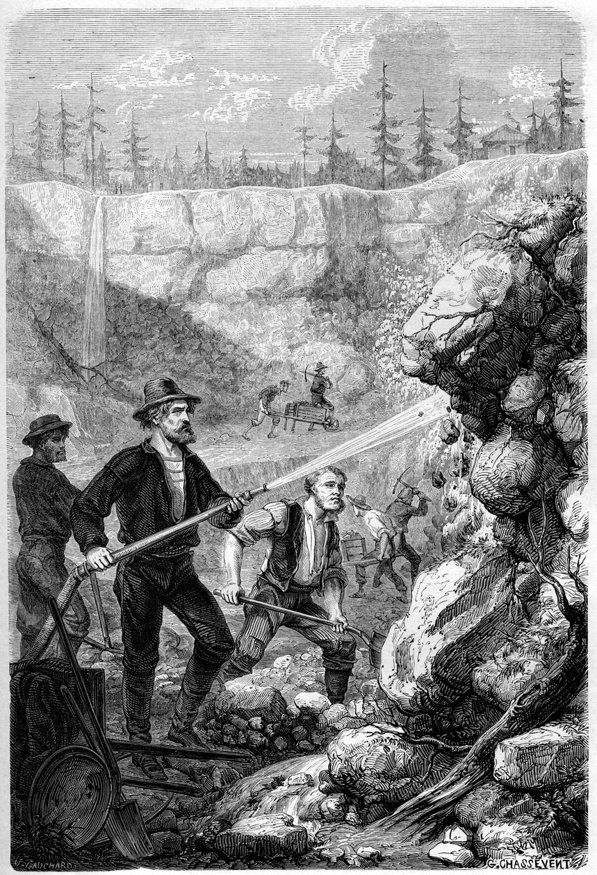 Hidraulikus bányászat, Kalifornia, 1859. alkotó: Gustave Adolphe Chassevent Bacques
