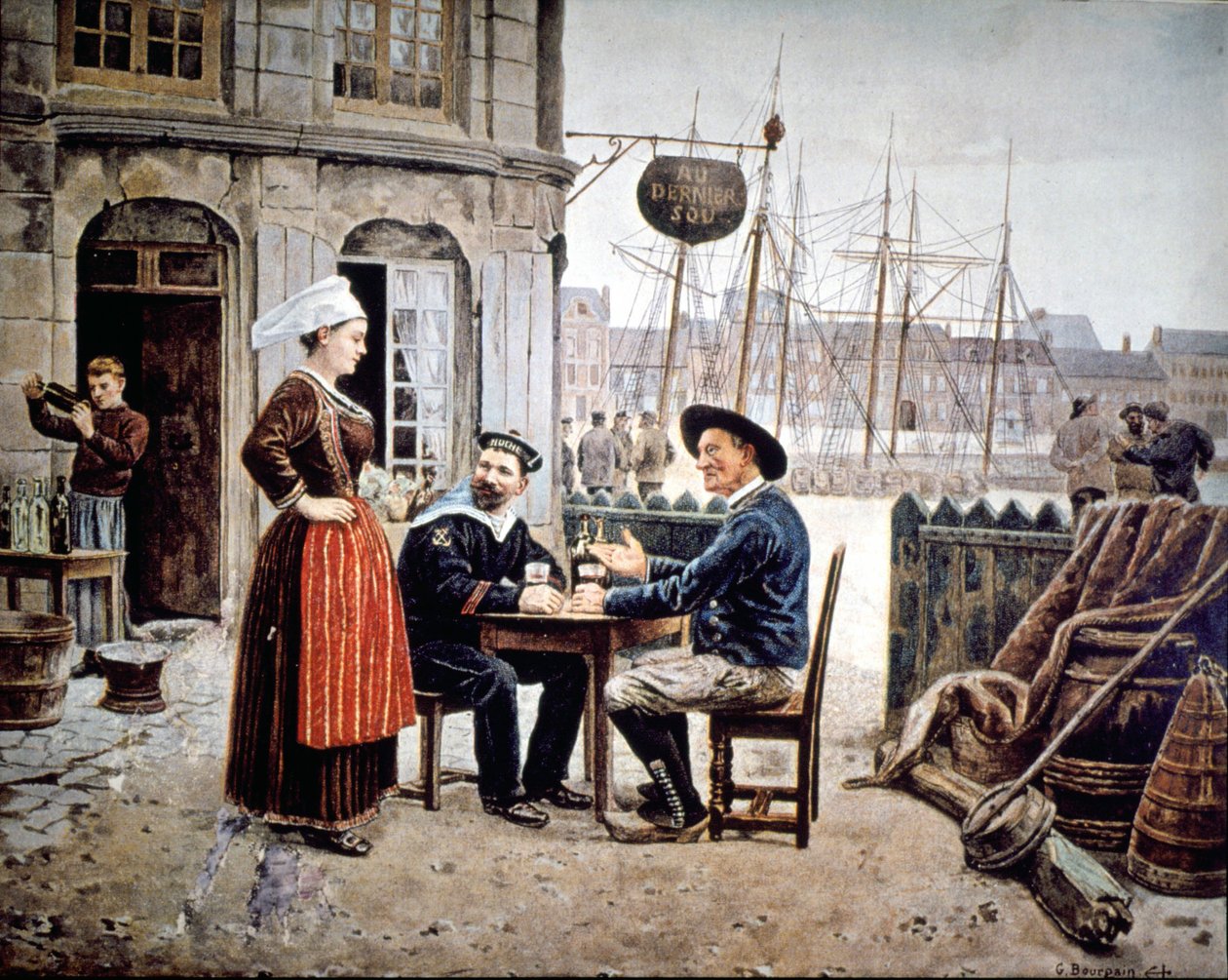 2 férfi (egy tengerész és egy breton halász) egy bárban egy breton pincérnővel beszélget, Saint Malo alkotó: Gustave Bourgain