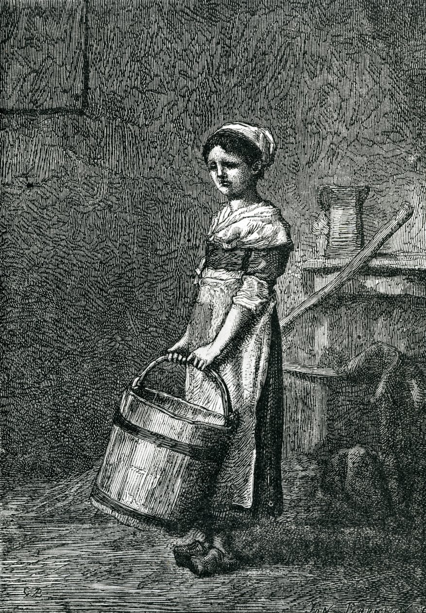 Cosette egy vödröt cipel, illusztráció Victor Hugo 