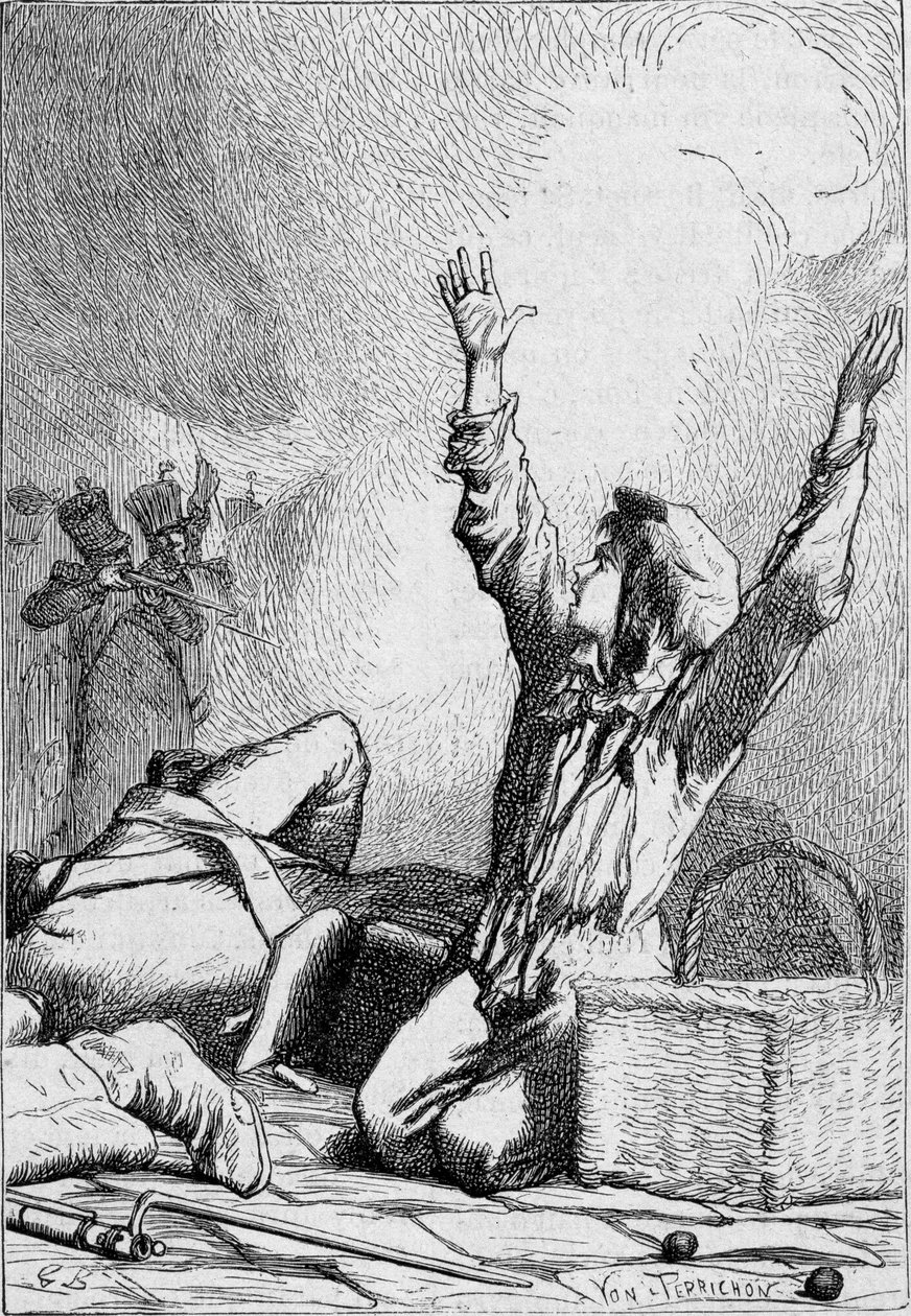 Gavroche a barikádokon esik – Victor Hugo „Les Miserables” című művében, ill. írta: Brion, szerk. Hetzel és Lacroix alkotó: Gustave Brion