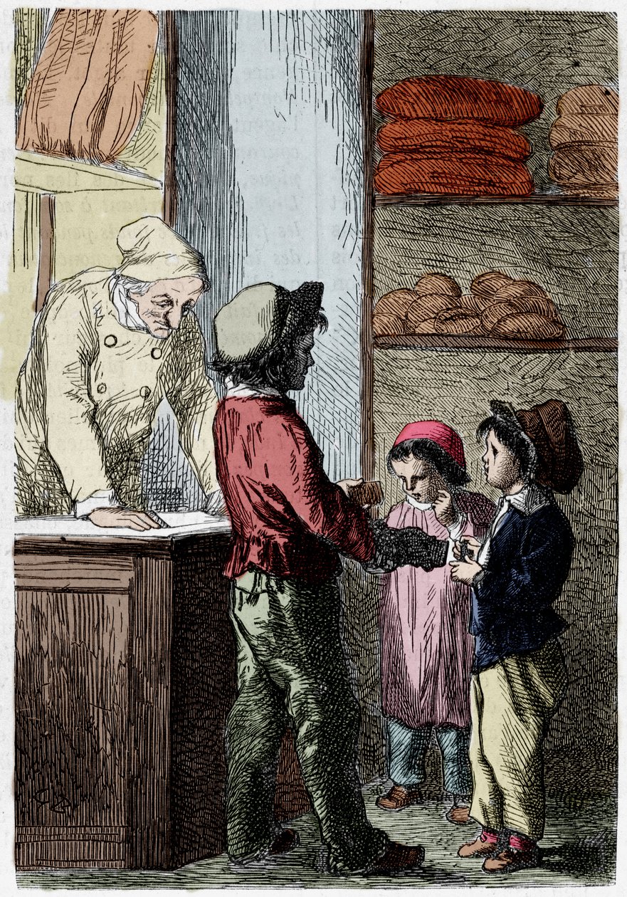 Gavroche kenyeret ad a gyerekeknek – Victor Hugo „Les Miserables” című művében, ill. írta: Brion, szerk. Hetzel és Lacroix alkotó: Gustave Brion