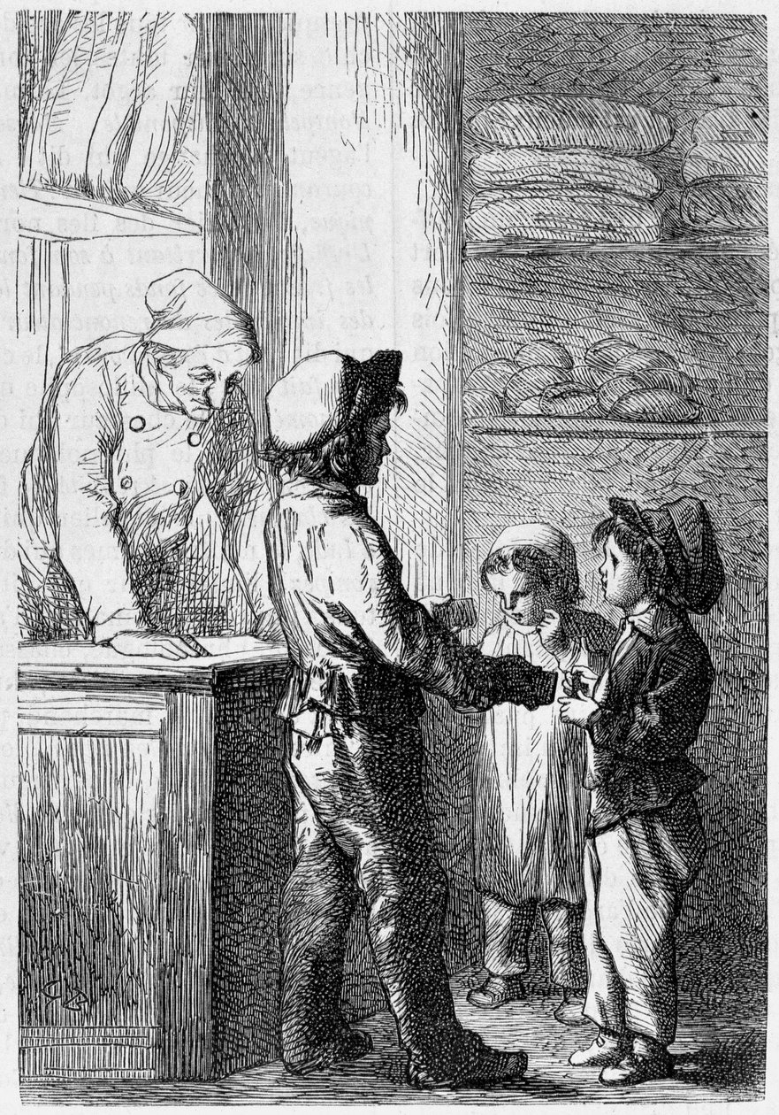Gavroche kenyeret ad a gyerekeknek – Victor Hugo „Les Miserables” című művében, ill. írta: Brion, szerk. Hetzel és Lacroix alkotó: Gustave Brion