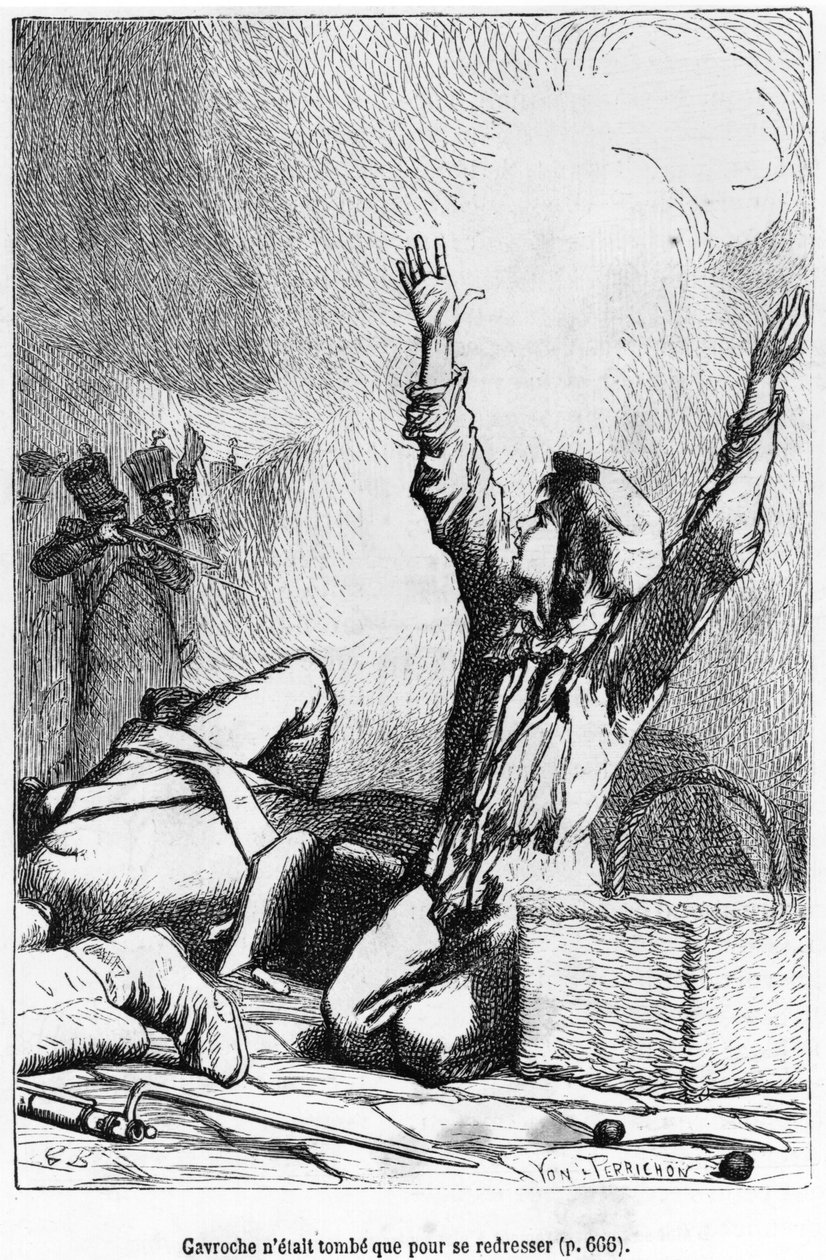 Gavroche csak azért esett vissza, hogy ismét felemelkedjen, illusztrációja Victor Hugo (1802-85) „Les Miserables” című művéből, Jules Leon Perrichon (1836-97) metszetével. alkotó: Gustave Brion
