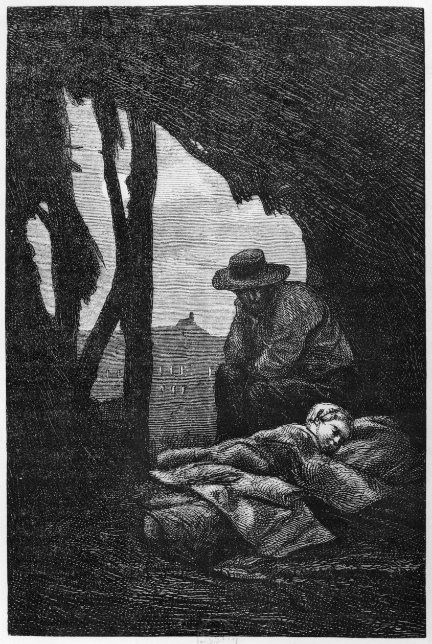 Jean Valjean az alvó Cosette-et nézi, Victor Hugo „Les Miserables” című illusztrációja alkotó: Gustave Brion