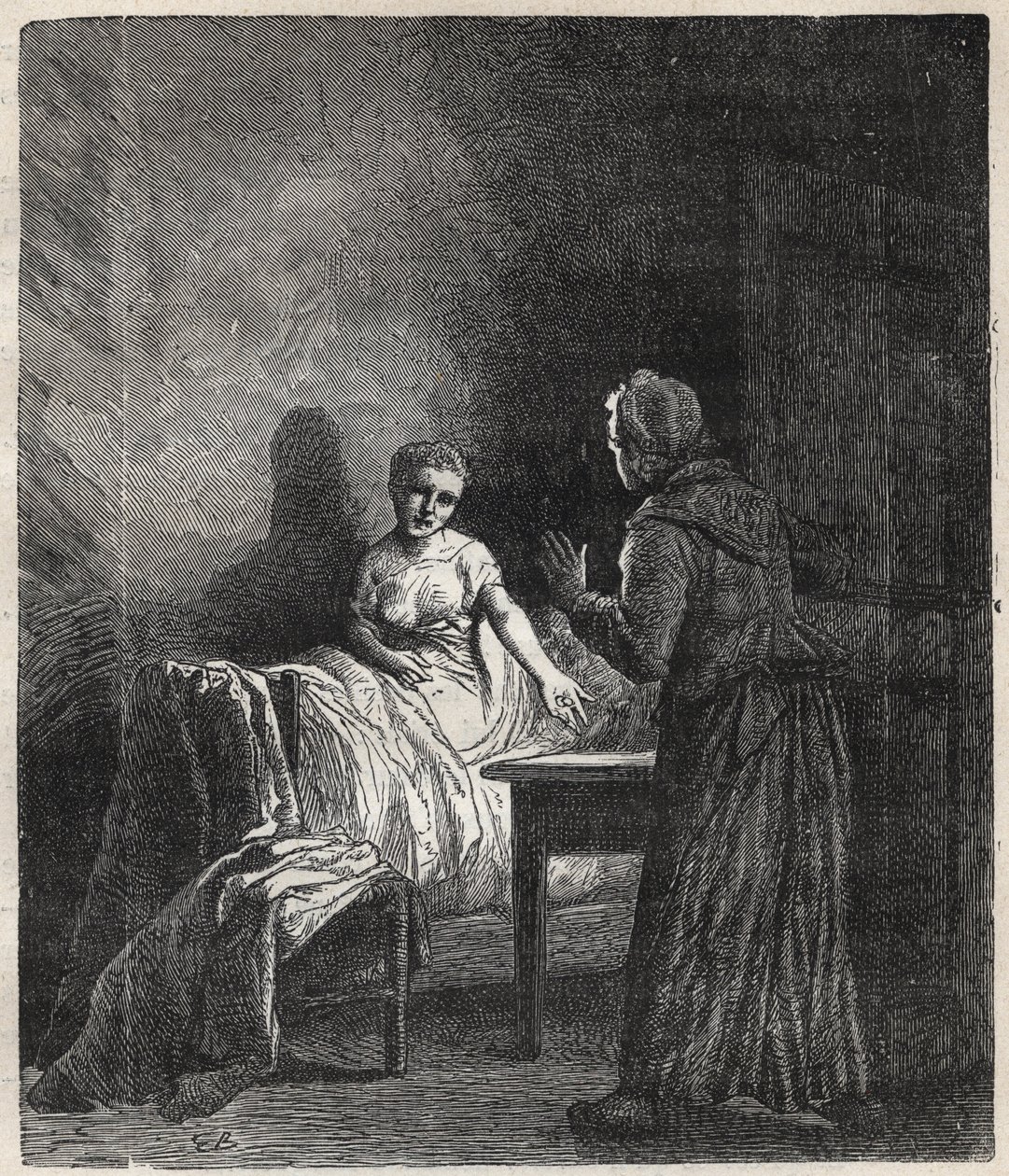Marguerite belép Fantine szobájába, és Fantine megmutat neki két Napóleont (érmét), akik megmenthetik Cosette-et, a lányát – Illusztráció: Gustave Brion (1824-1877) a „Nyomorultak – Első rész: Fantine” című filmjéhez, Victor Hugo (1802-1885) 1862 alkotó: Gustave Brion
