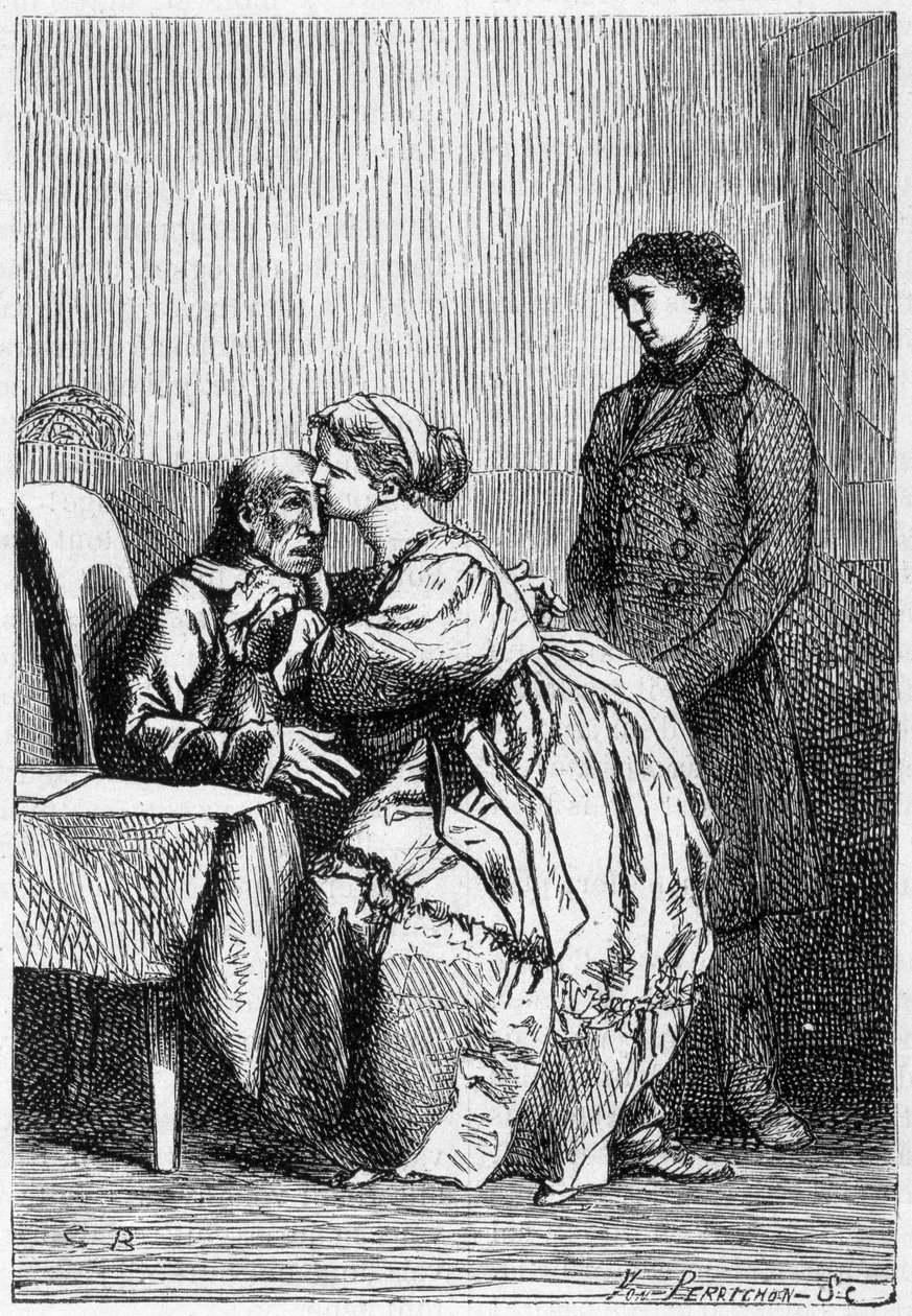 Marius és Cosette meglátogatja Jean Valjeant betegen – Victor Hugo „Les Miserables” című művében, beteg. írta: Brion, szerk. Hetzel és Lacroix alkotó: Gustave Brion