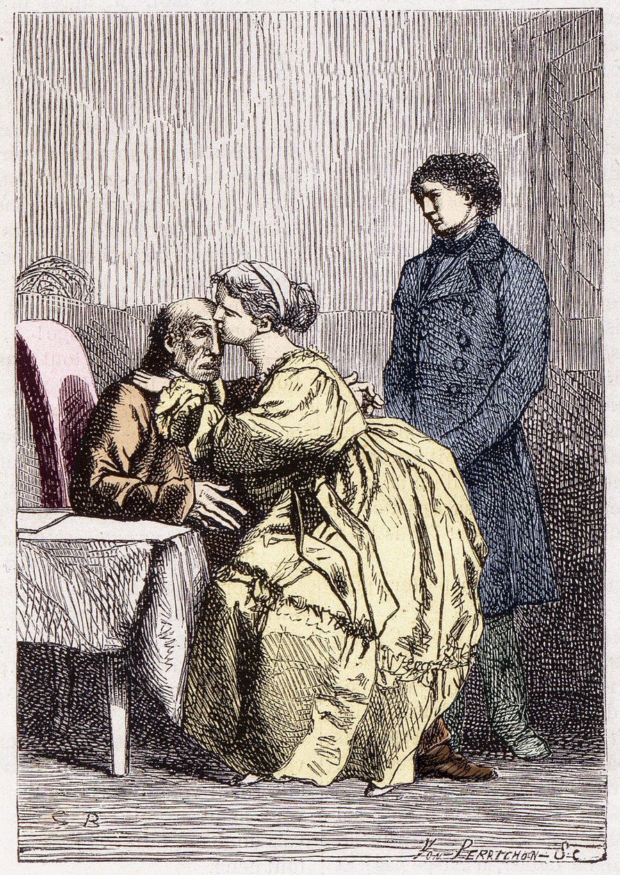Marius és Cosette meglátogatja Jean Valjeant betegen – Victor Hugo „Les Misérables” című művében, beteg. írta: Brion, szerk. Hetzel és Lacroix alkotó: Gustave Brion