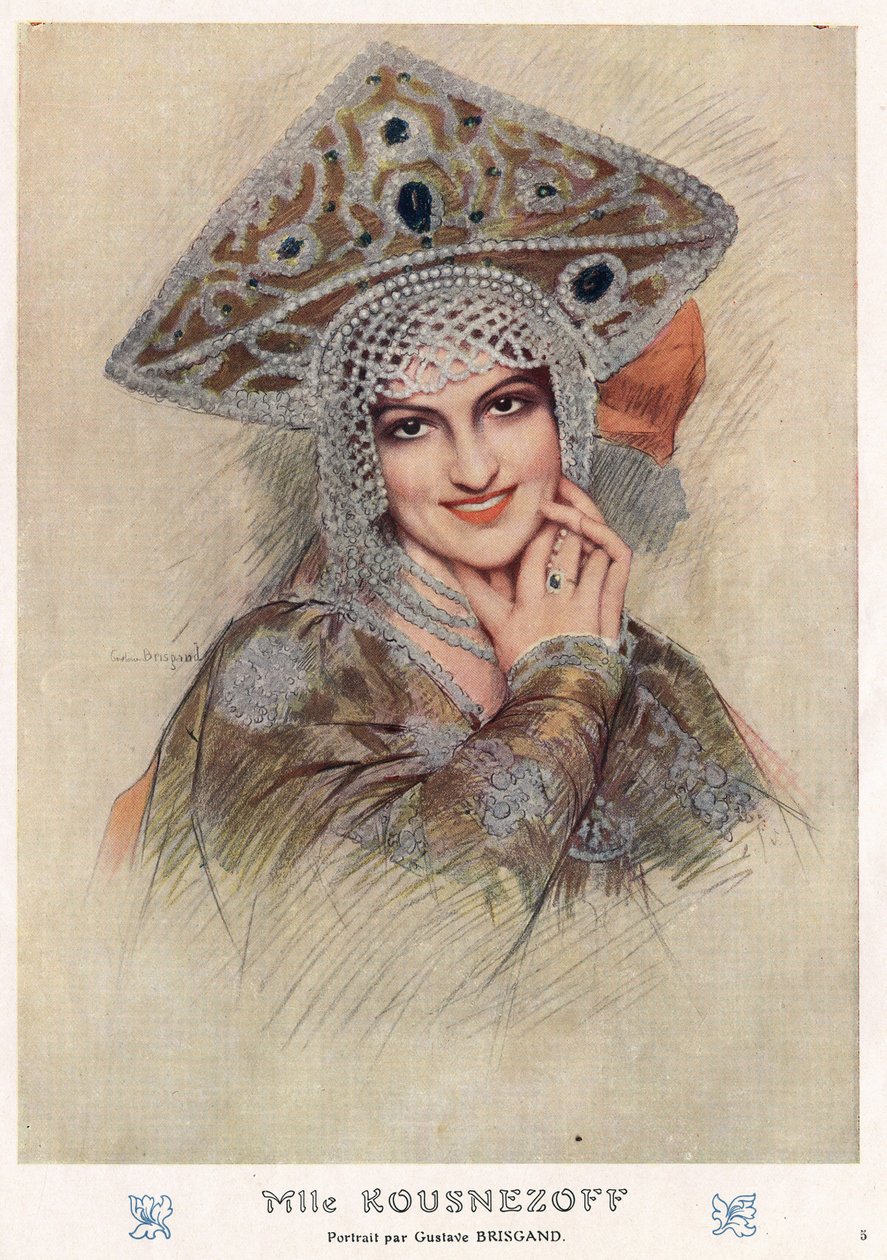 Maria Nyikolajevna Kuznyecova (Maria Kuznyecova) (1880-1966), a 20. századi orosz birodalom híres szovjet operaénekesének és táncosának portréja a 20. század eleji „Fantázióban” (rajz) alkotó: Gustave Brisgand