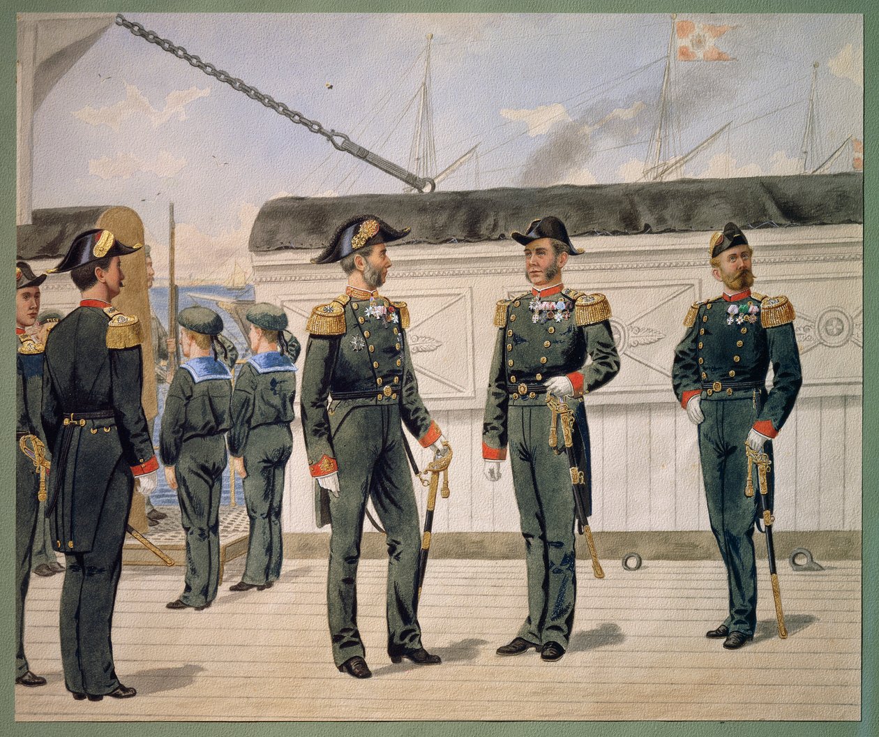 A dán haditengerészet tisztjei egyenruhában. Gustav Brock akvarellje alkotó: Gustave Brock