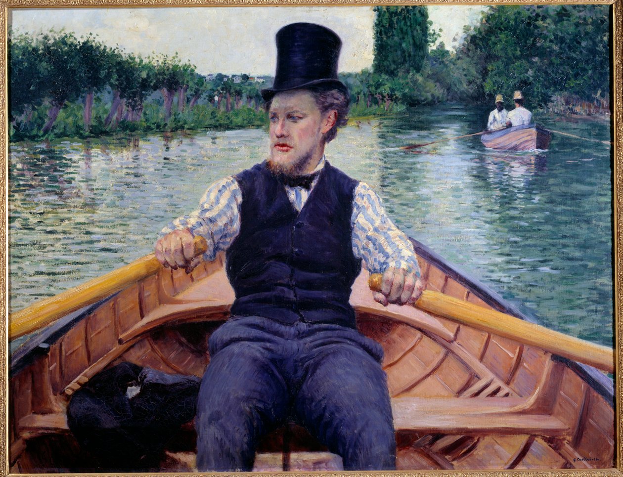 A csónak része. Egy magas kalapot viselő férfi csónakban evez. Gustave Caillebotte (1848-1894) festménye alkotó: Gustave Caillebotte