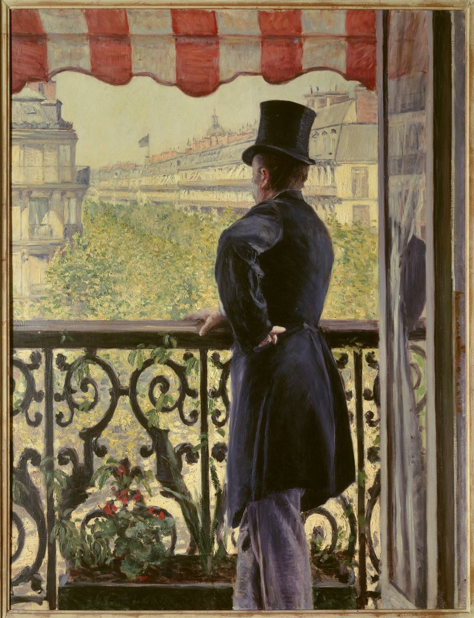 Férfi az erkélyen Elegáns, cilinderes férfi nyugszik az erkély korlátján a nagy párizsi körutakon. Gustave Caillebotte (1848-1894) festménye 1880 V. 0,86 x 1,14 m. Magángyűjtemény - A férfi az erkélyen. Okos ember cilinderben alkotó: Gustave Caillebotte