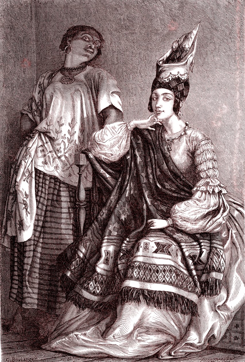 Signare, a mulatt-francia afrikai nők Saint Louis városában, Szenegálban. 1861 (metszet) alkotó: Gustave Clarence Rodolphe Boulanger