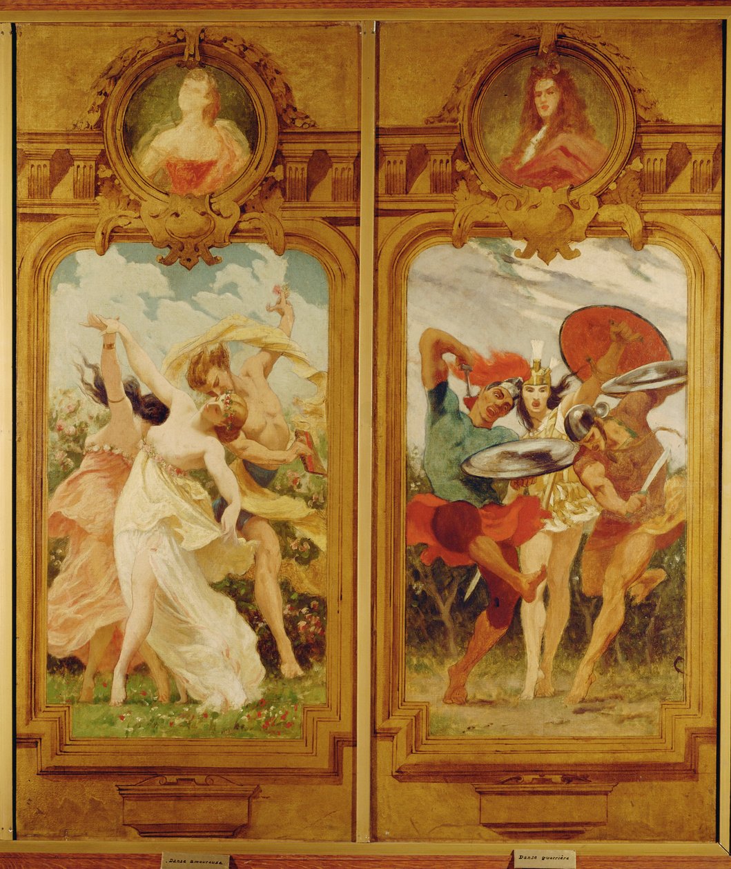 A Foyer de la Danse négy Boulanger-festményt tartalmaz, amelyek egy Danse amoureuse-t, egy szerelmes táncot, és egy Danse guerriere-t, egy háborús táncot ábrázolnak... (falfestmény). alkotó: Gustave Clarence Rodolphe Boulanger