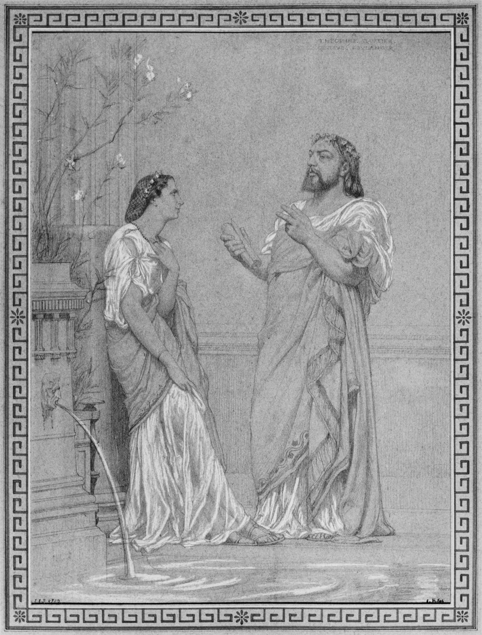 Theophile Gautier és Maria Favart, vázlat a „A fuvolajátékos” és „A Diomédész felesége” próbája című festményhez Napóleon herceg pompeusi házának átriumában, 18 Avenue Montaigne, Párizs alkotó: Gustave Clarence Rodolphe Boulanger
