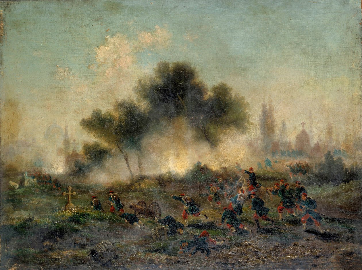 1870-es háború Poroszország ellen: „” reguláris csapatok támadása a temető ellen 1871 májusában”” Gustave Boulanger (1824-1888) festménye 1871 V. 0,49x0,65 m. Párizs, Musee Carnavalet alkotó: Gustave Clarence Rodolphe Boulanger