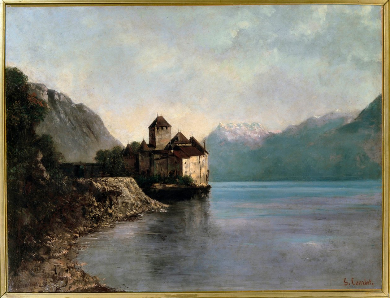 Kastély a Leman-tó partján Svájcban. Kilátás Chillon kastélyára. (olajfestmény alkotó: Gustave Courbet