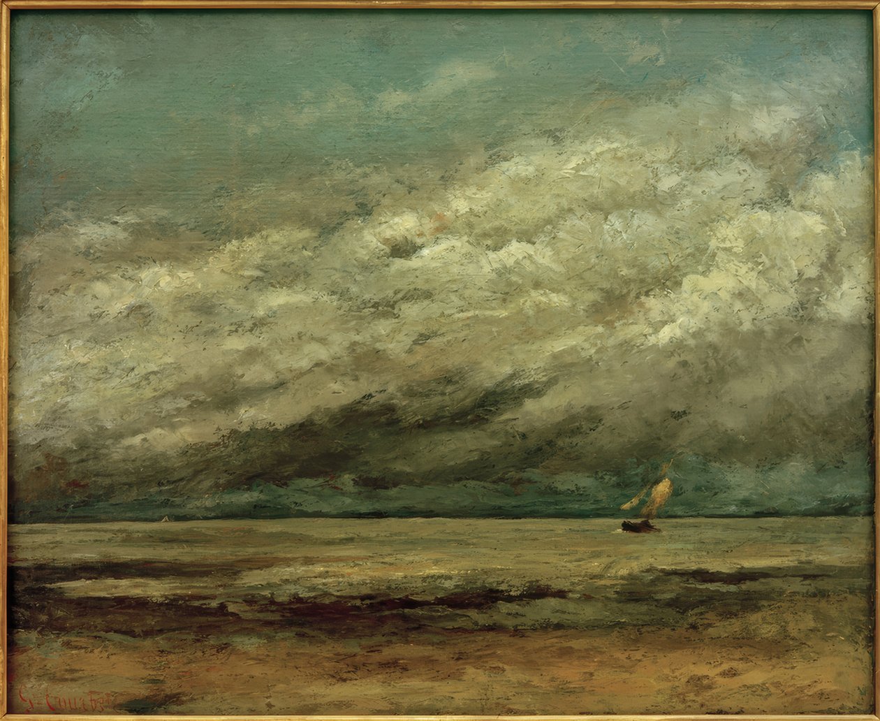 Vitorlás a part közelében, viharos égbolt alkotó: Gustave Courbet