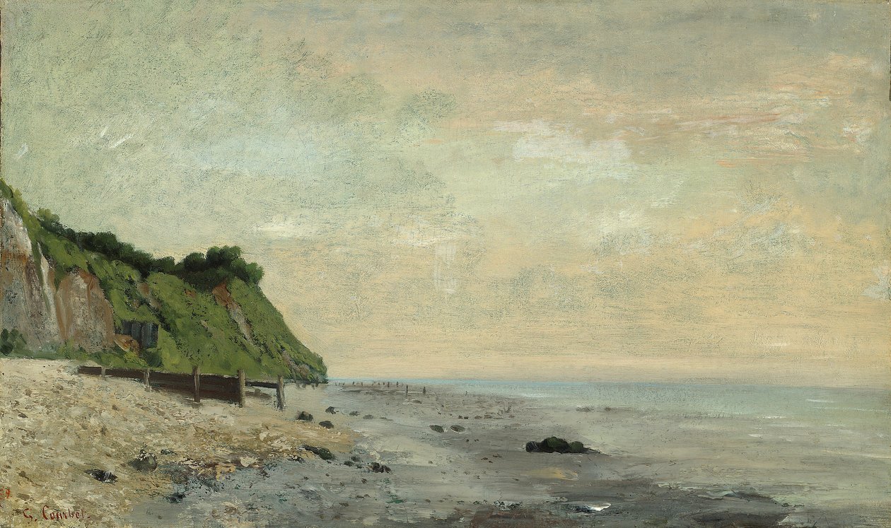 Sziklák a tenger partján: Small Beach, Sunrise Cliff a tenger partján, látható Small Beach... alkotó: Gustave Courbet