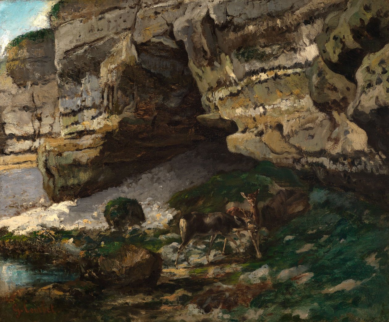 Sziklás táj szarvasokkal alkotó: Gustave Courbet