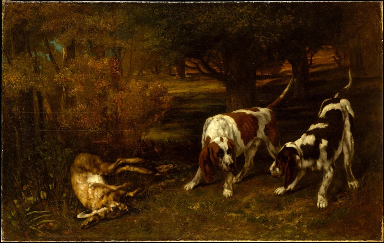 Vadászkutyák egy elhullott nyúllal alkotó: Gustave Courbet