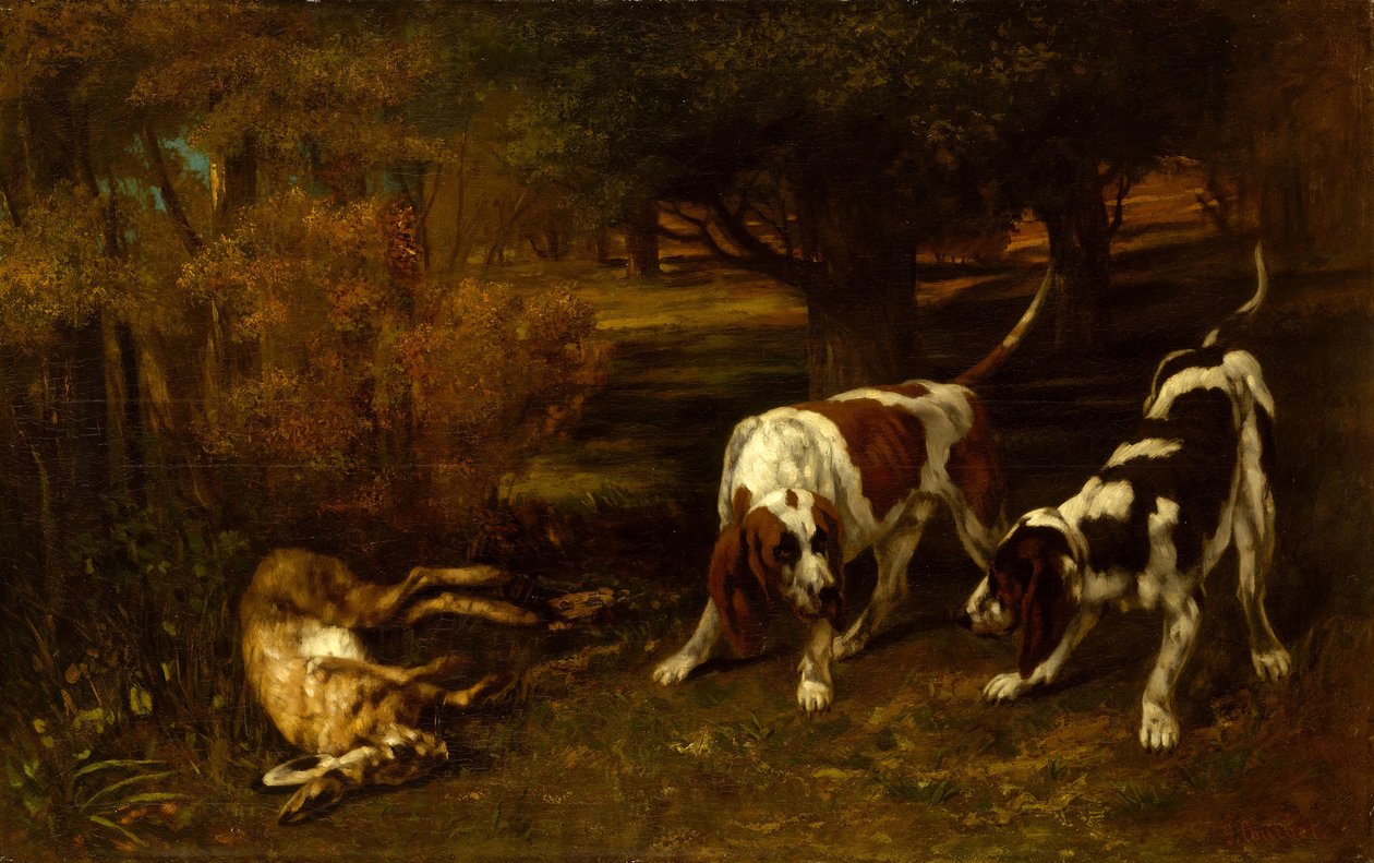 Vadászkutyák döglött nyúllal, 1857. alkotó: Gustave Courbet
