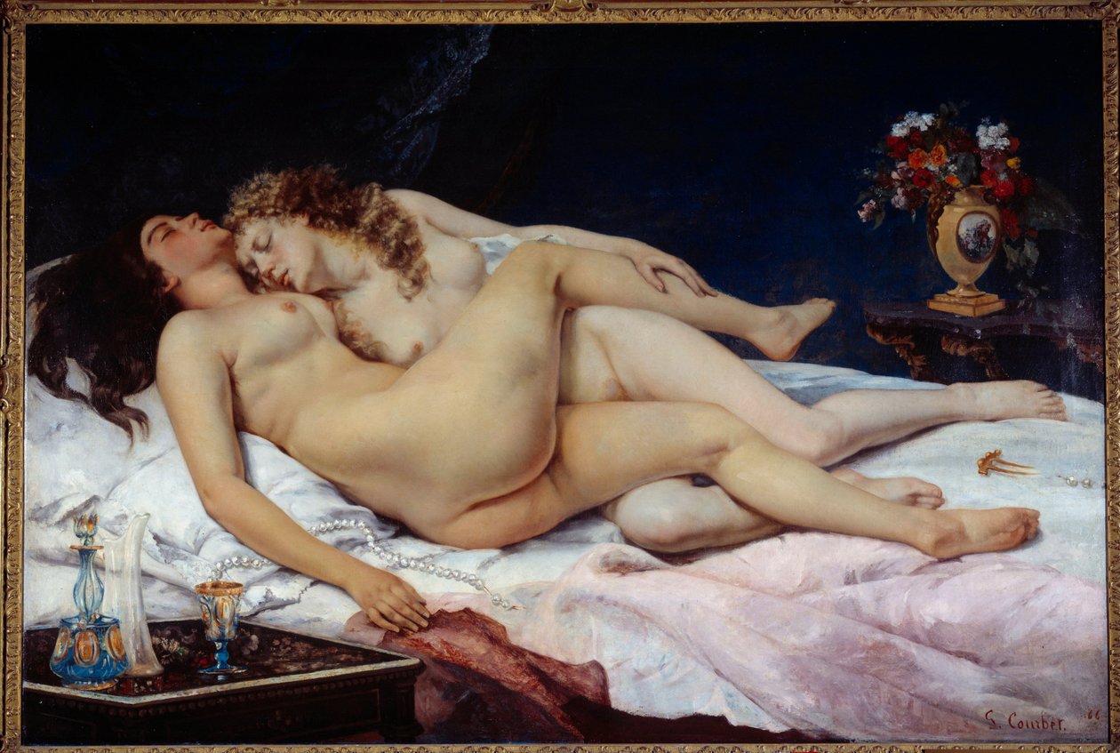 Alvás. Két meztelen nő ölelkezett egy ágyban alkotó: Gustave Courbet