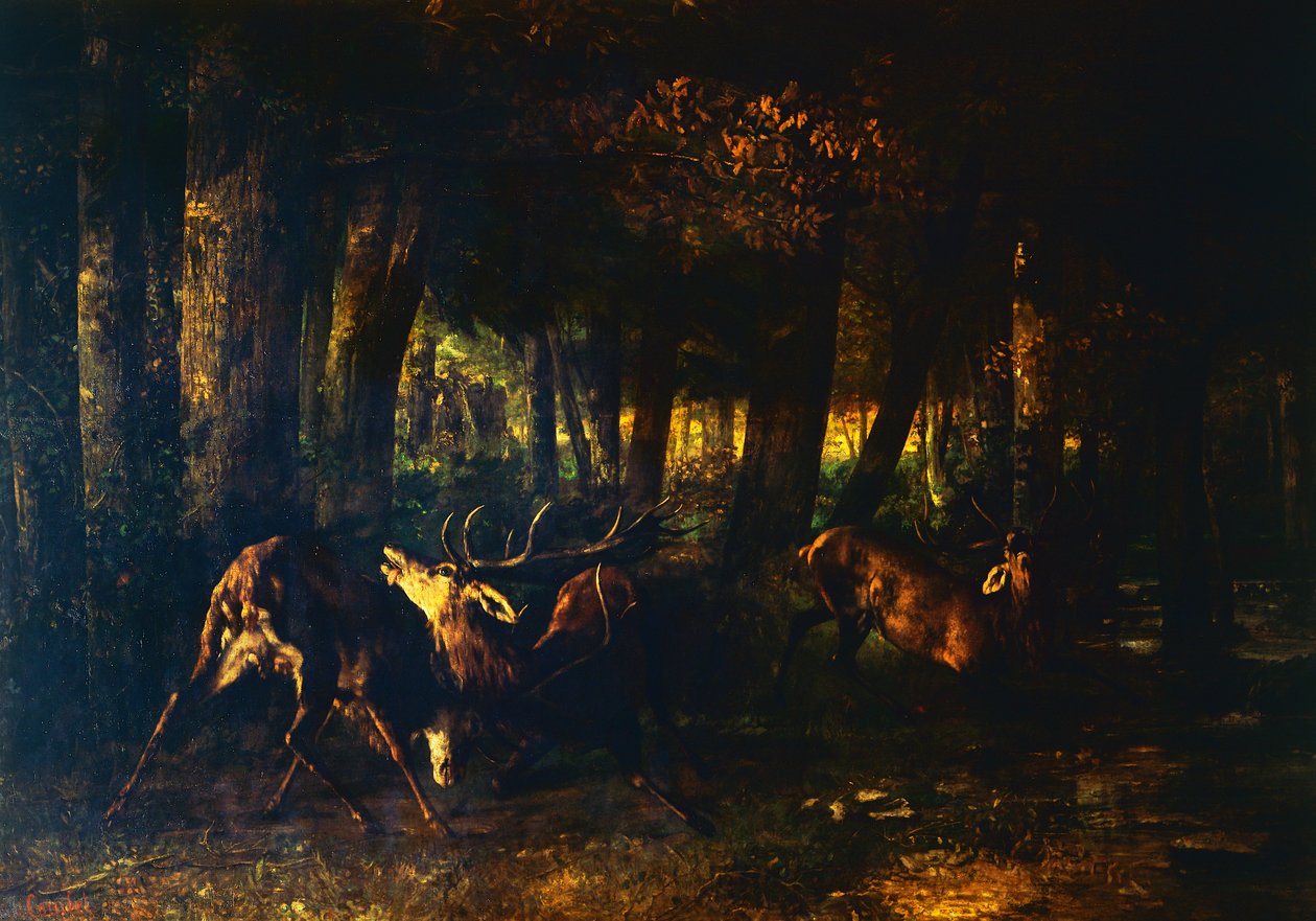 Tavaszi kerékvágás, szarvasok harca alkotó: Gustave Courbet