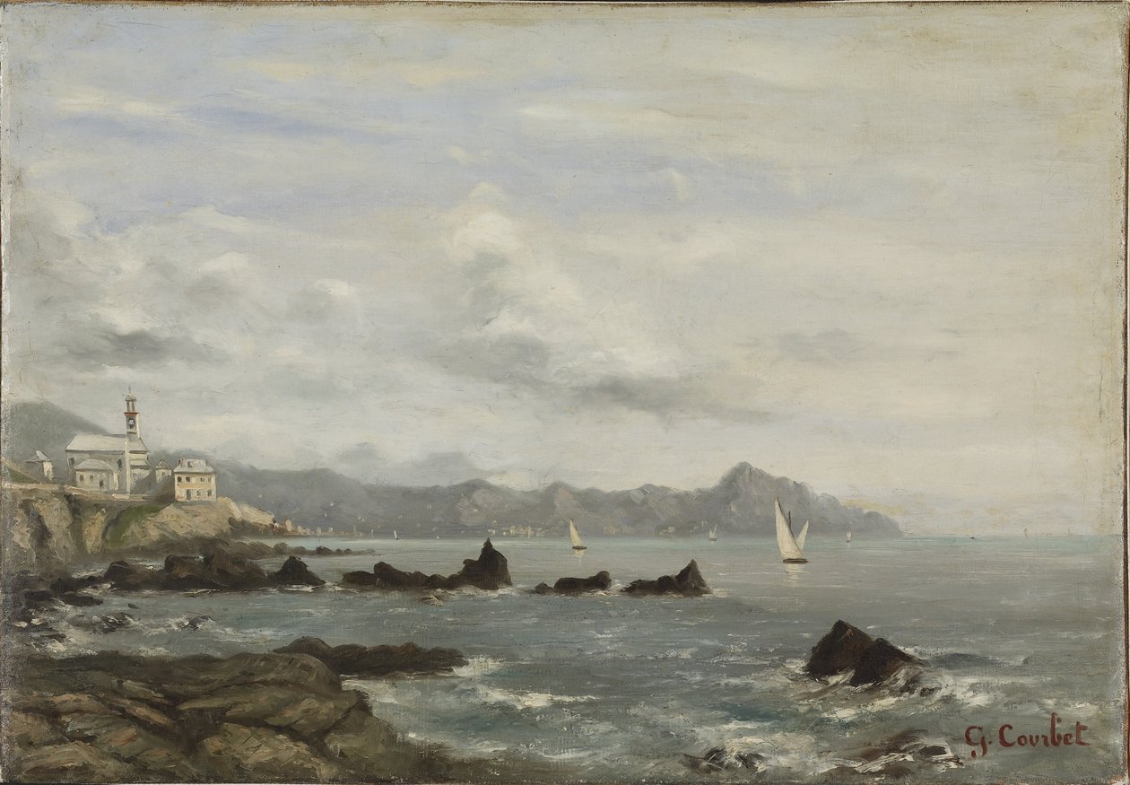 A genovai Boccadasse templomának és a portofinói földnyelvnek a látképe alkotó: Gustave Courbet