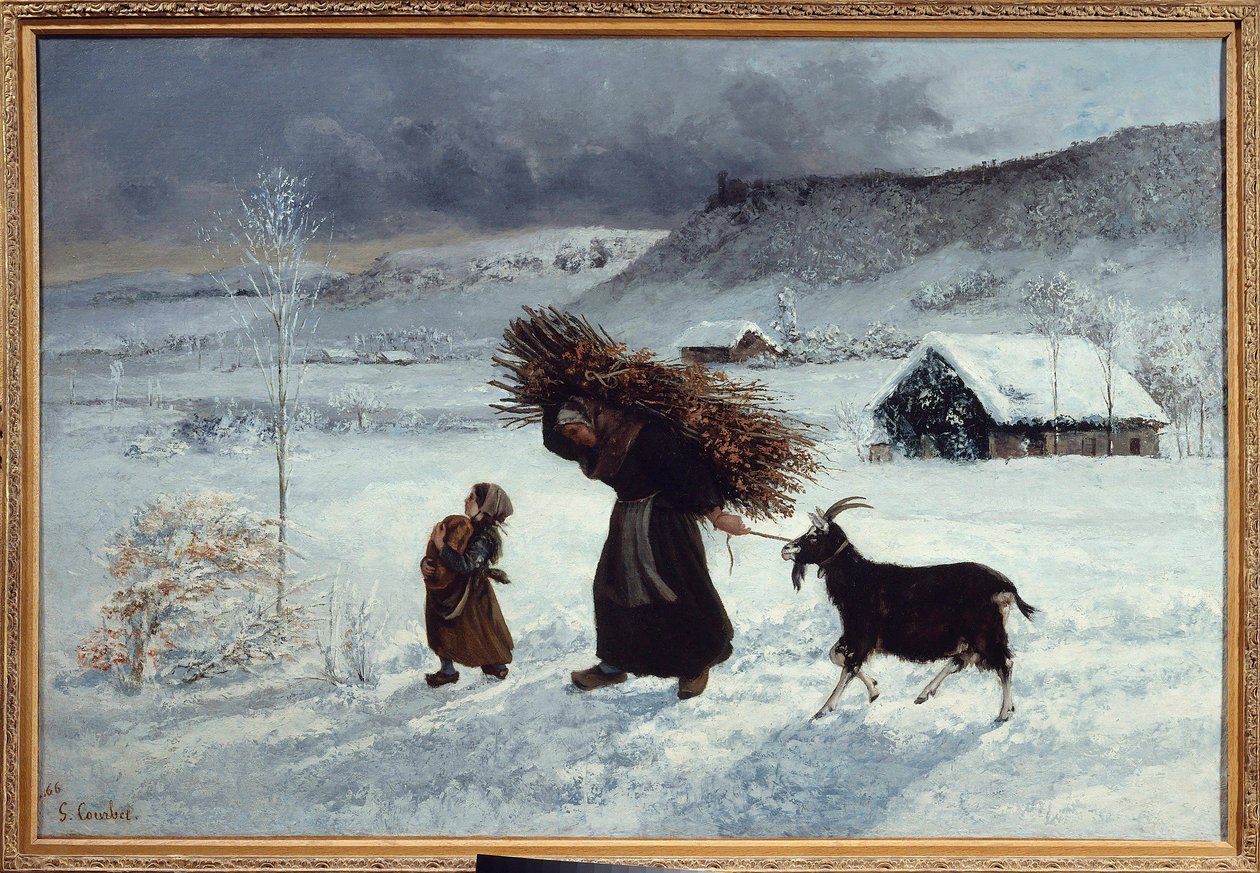 Falusi szegénység, Ornans. Egy paraszt és lánya kenyeret, fát és kecskét hoznak téli ellátásként. Gustave Courbet (1819-1877) festménye 19. század V. 1,26 x 0,85 m. Magángyűjtemény alkotó: Gustave Courbet