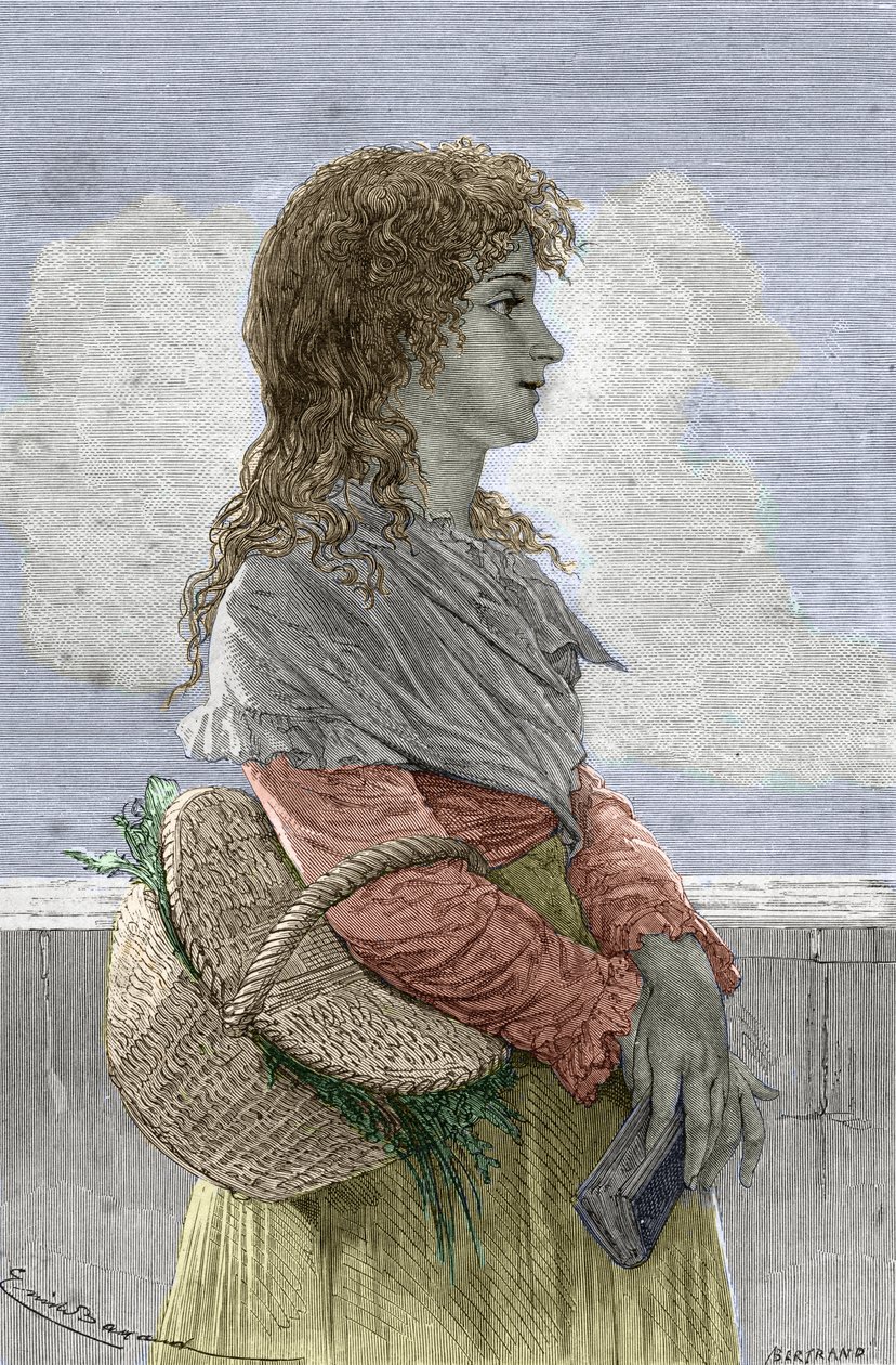 Francia forradalom: „” Manon portréja (Jeanne Marie) Roland Philipon dite Madame Roland (1754-1793), a Girondin párt tagja, fiatal lány” - Metszet Gustave Demoulin „” Illustrious Women” című könyvéből – 1887 – „” Manon ( Jeanne Marie) Roland Philipon hívás alkotó: Gustave Demoulin
