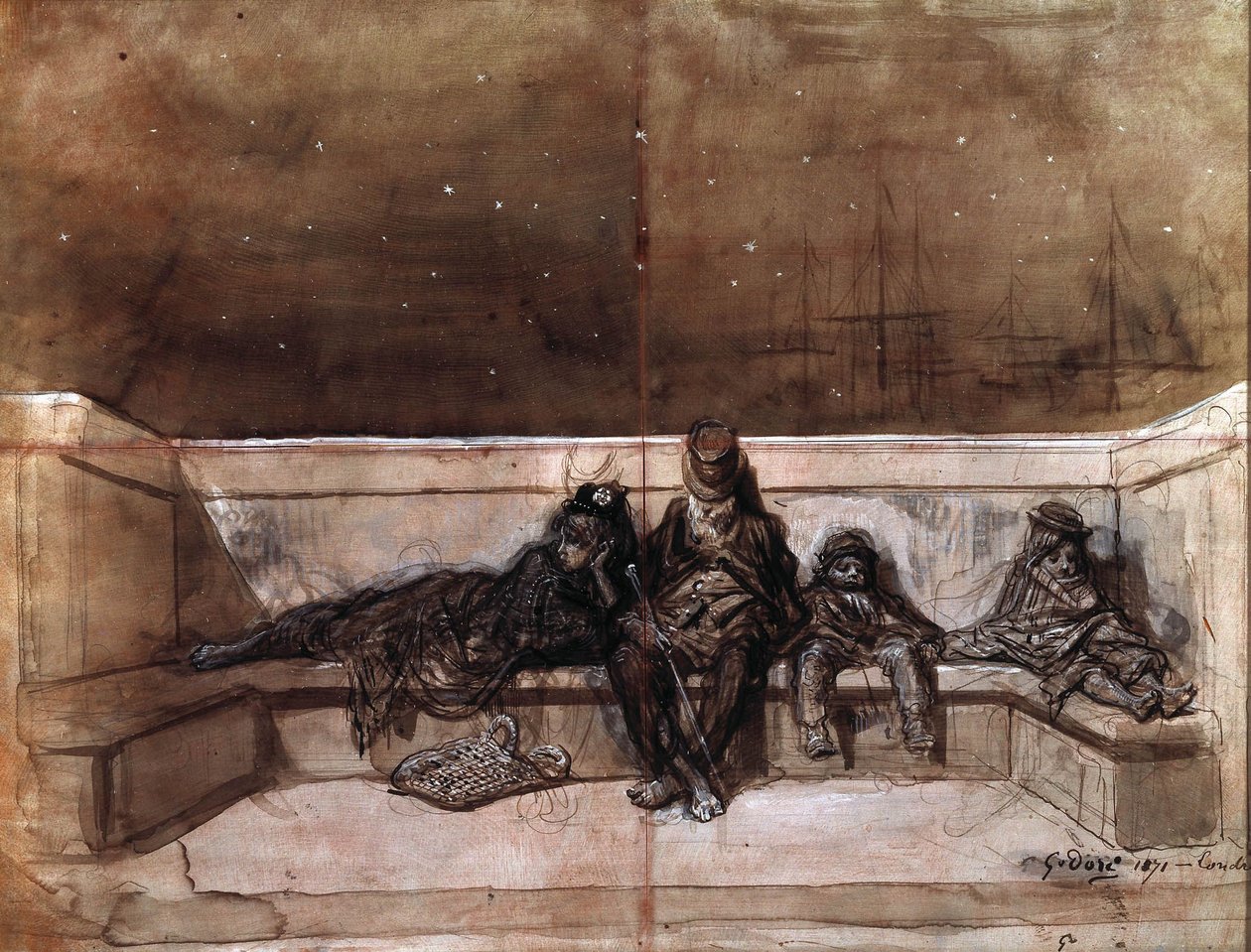 Egy pár és két gyermek alszik a londoni hídon) by Gustave Dore alkotó: Gustave Dore