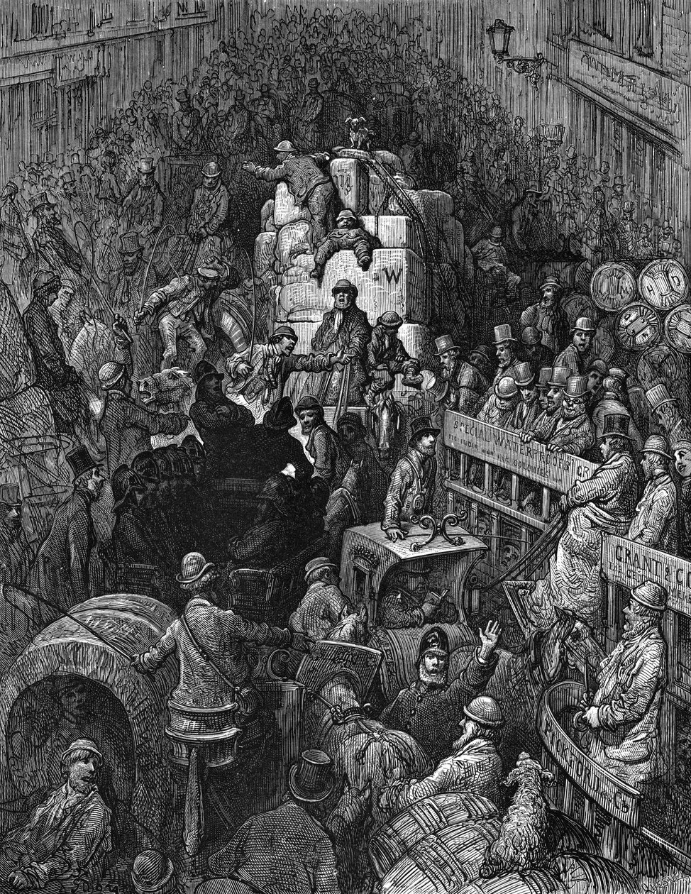"A város főútvonala": Gustave Dore és Blanchard Jerrold London: A Pilgrimage London 1872. A kaotikus forgalmi torlódás jelenete egy londoni rendőrrel, aki megpróbálja mozgásra bírni a járműveket. Fa metszet. alkotó: Gustave Dore